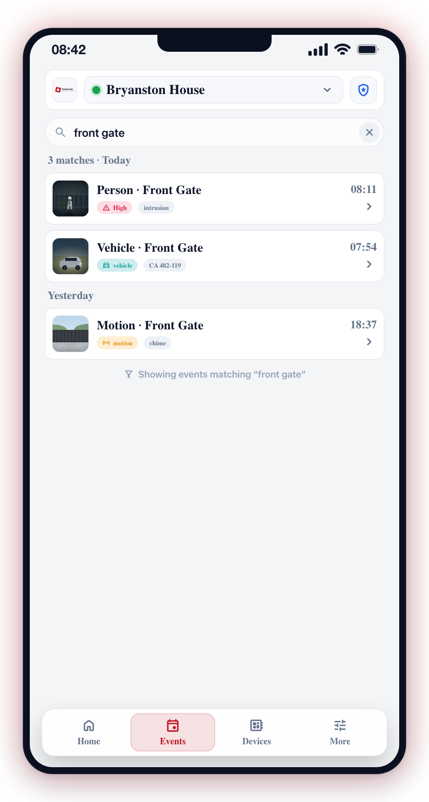 Tap a chip — All, Alarms, Arm & disarm, System, or Panic — to filter the list.