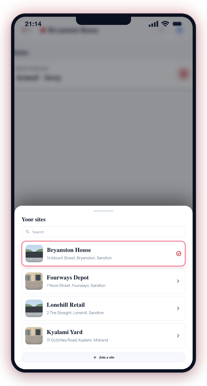 The Select site panel lists your connected sites with a search bar; tap one to switch.