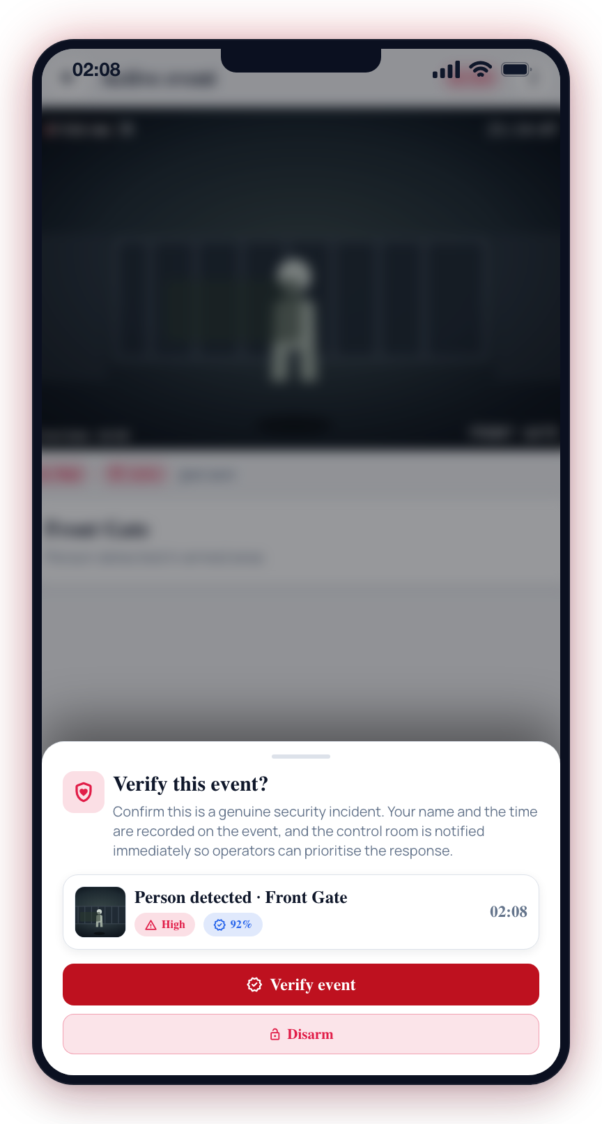 Tap Verify to confirm a genuine incident, or Disarm straight from the panel.