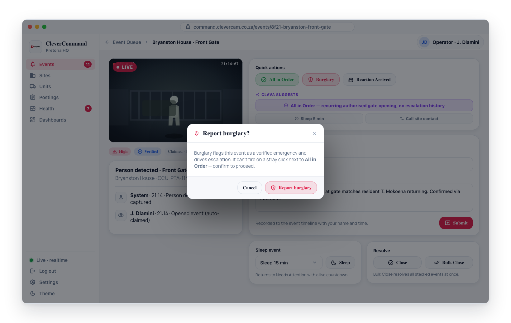 Step 2-3 of the workflow: an open event detail panel where you view photos and take verify, note, and dispatch actions.