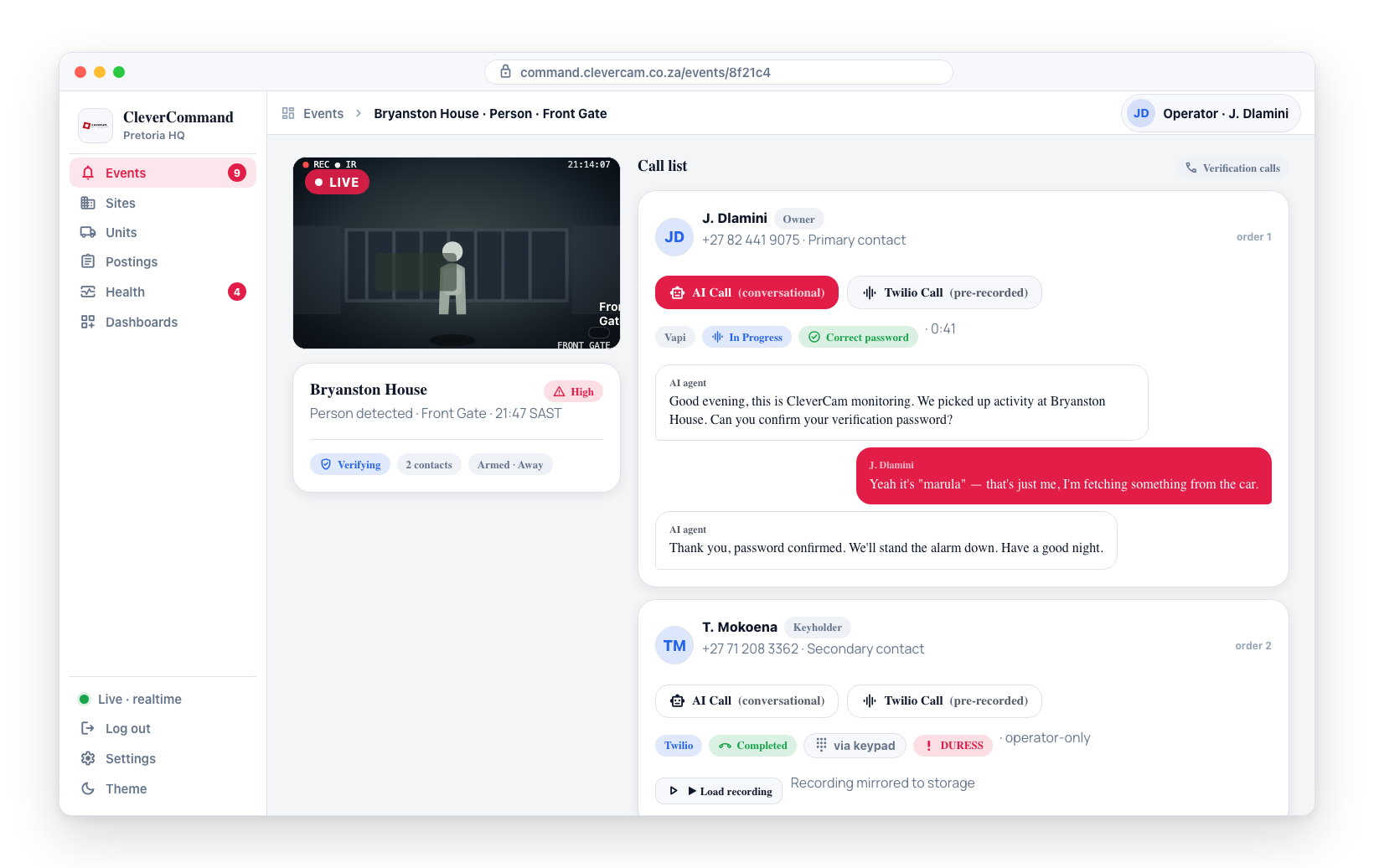 Clicking a contact's number asks how to call them: Manual, AI Call (conversational, live transcript), Twilio Call (pre-recorded, keypad/voice), and the app options where available.