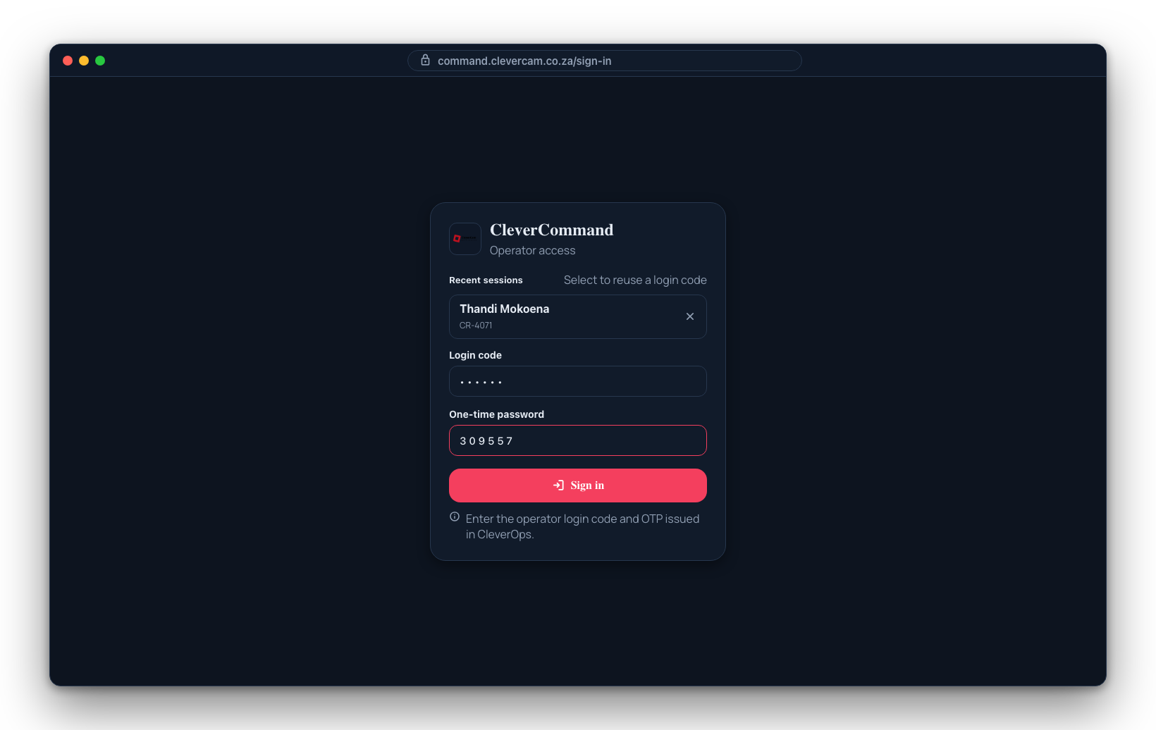 The CleverCommand sign-in screen — operators enter their Login ID and the current login code.