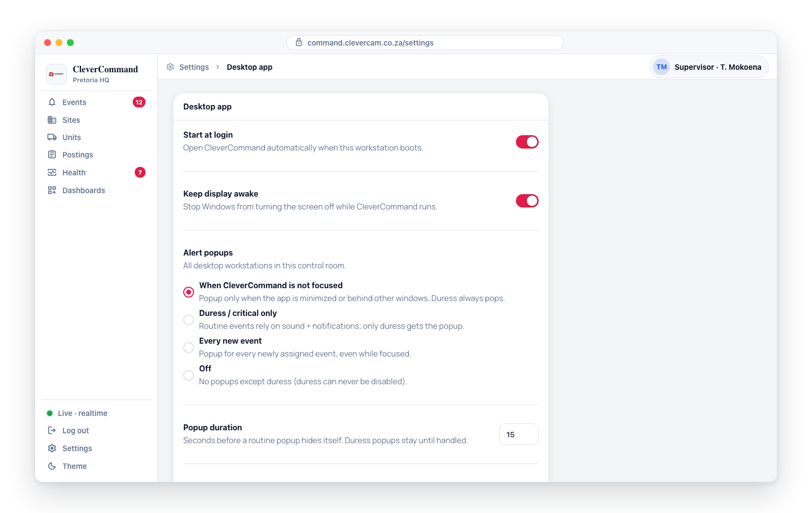 Settings → Desktop app: the Alert popups scope options, popup duration, idle threshold and supervisor quit PIN.