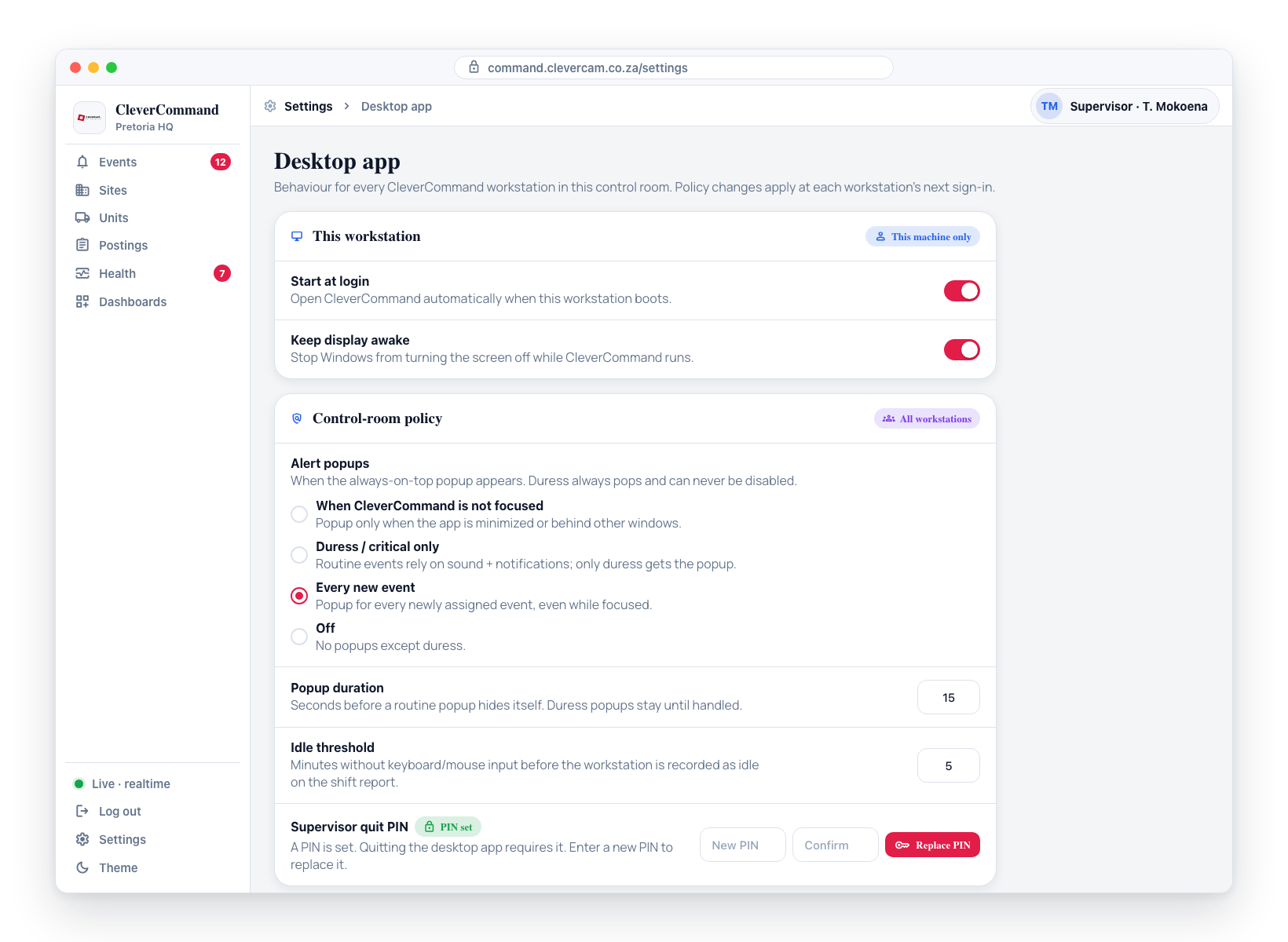 Settings → Desktop app: per-workstation toggles plus the control-room policy block (alert popups, popup duration, idle threshold, supervisor quit PIN).
