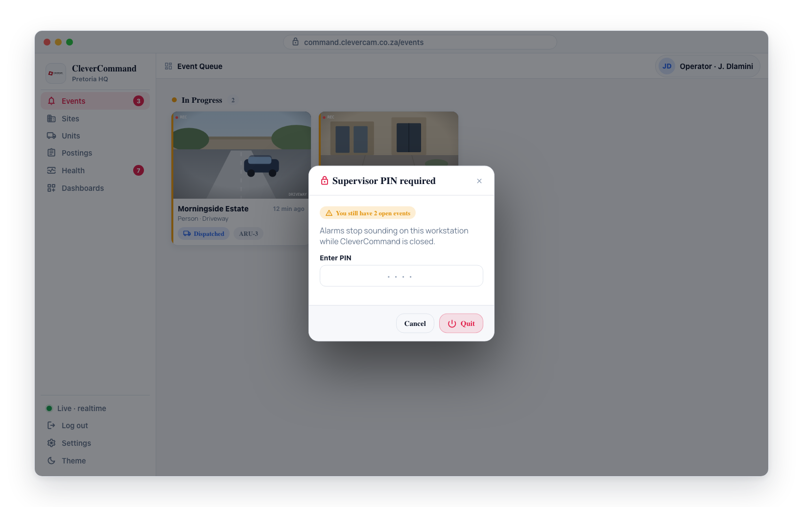 The always-on-top quit prompt: it warns about open events first, then requires the supervisor PIN before the app can quit.