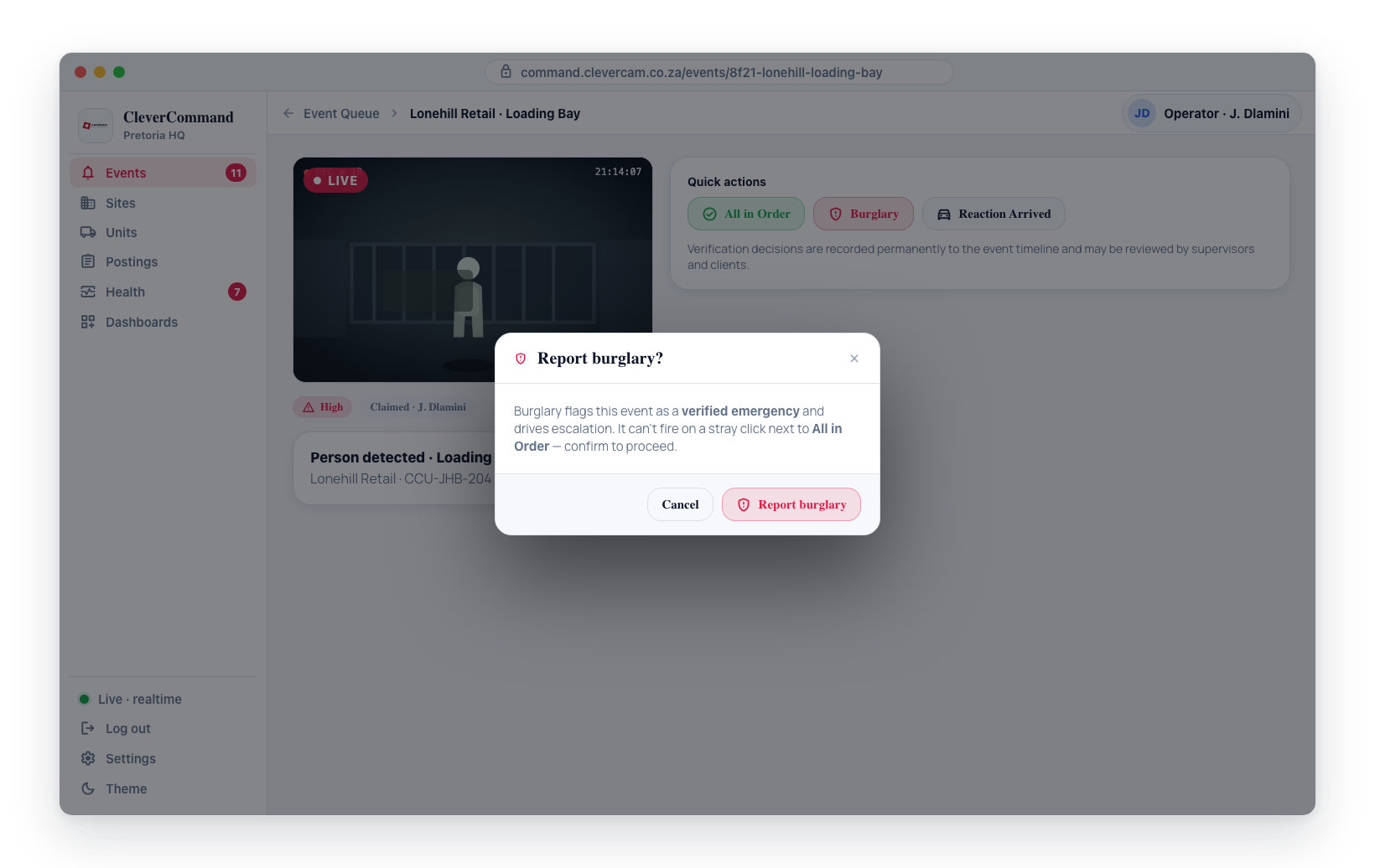The Burglary quick action opens a 'Report burglary?' confirm dialog before it flags the event as a verified emergency.