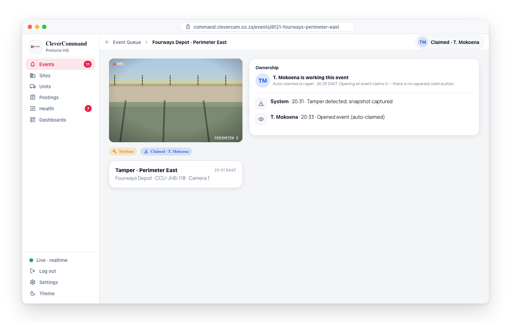 Opening an event auto-claims it. When a colleague already owns it, their name shows in the header and the ownership timeline.