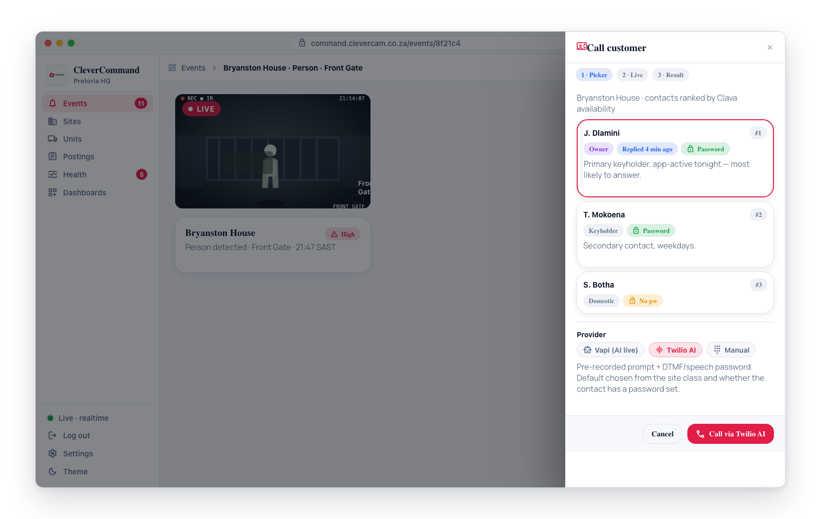 The Call customer flyout opens on the picker pane: the site password block, contacts ranked by availability, password indicator, and the provider chips (Vapi / Twilio AI / Manual).