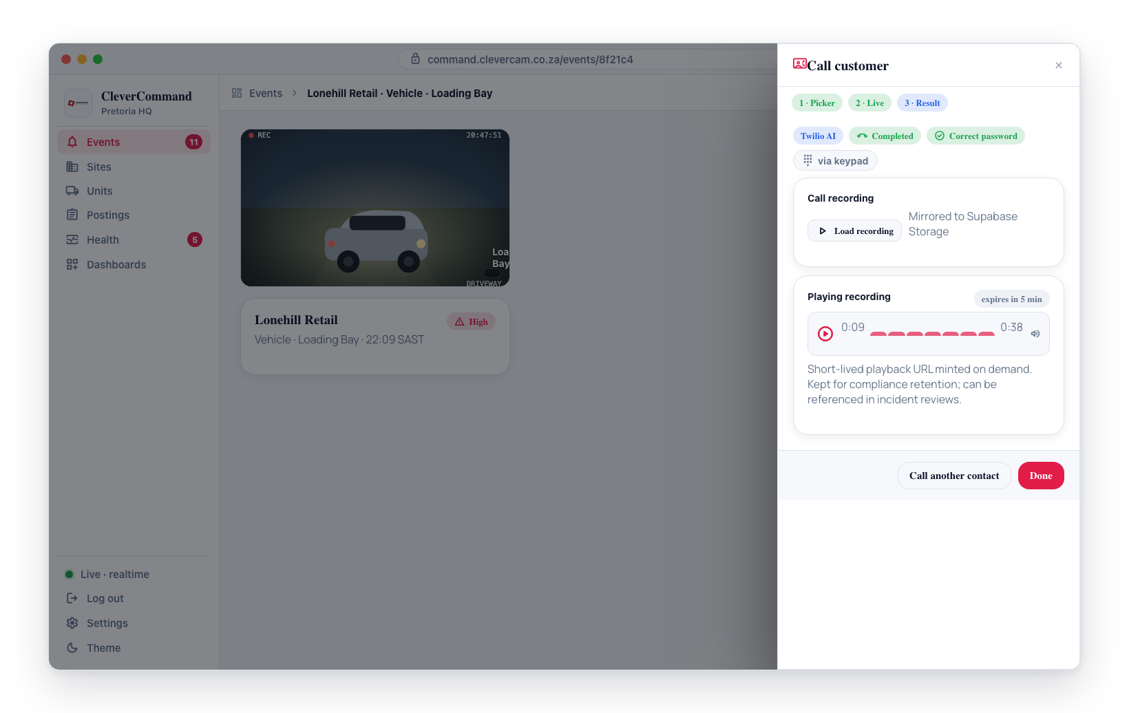 Twilio recordings mirror to storage: click Load recording to mint a short-lived playback URL and reveal the audio player.
