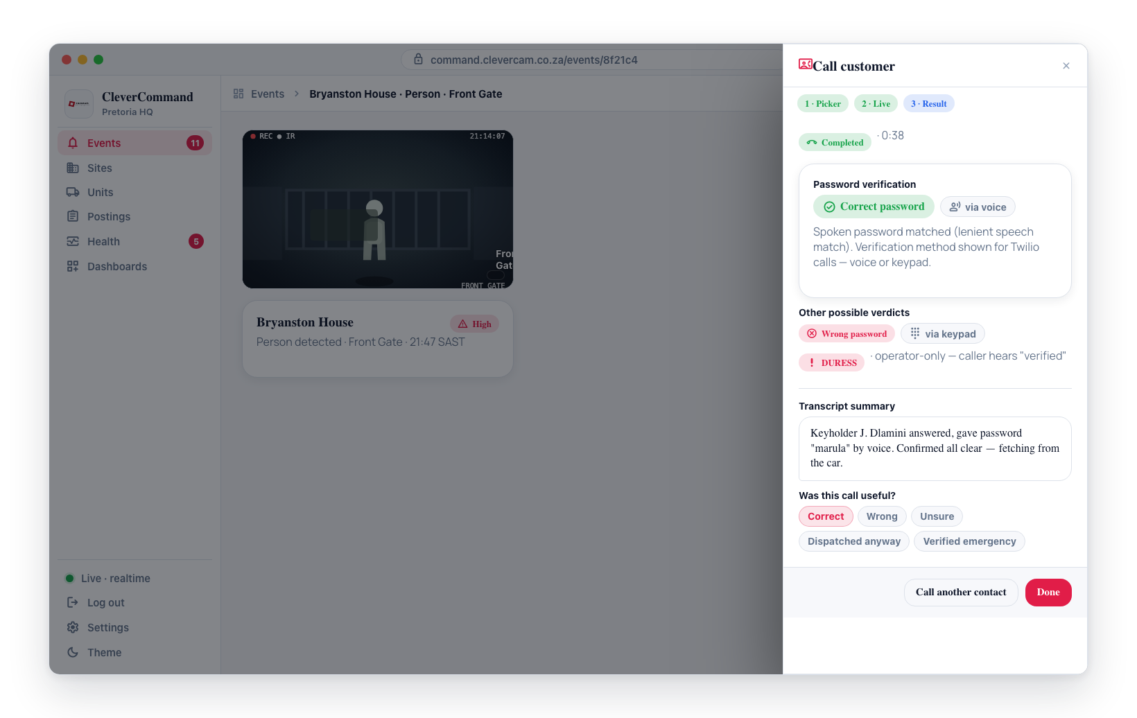 The result pane shows the verdict: Correct password, Wrong password, or DURESS (operator-only), with the verification method (voice or keypad) for Twilio calls.
