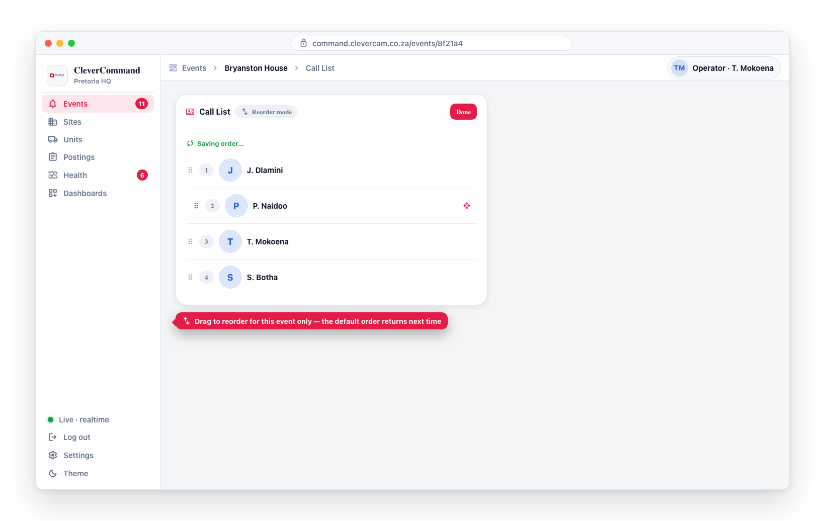 Reorder mode: drag a contact to a new position for this event.