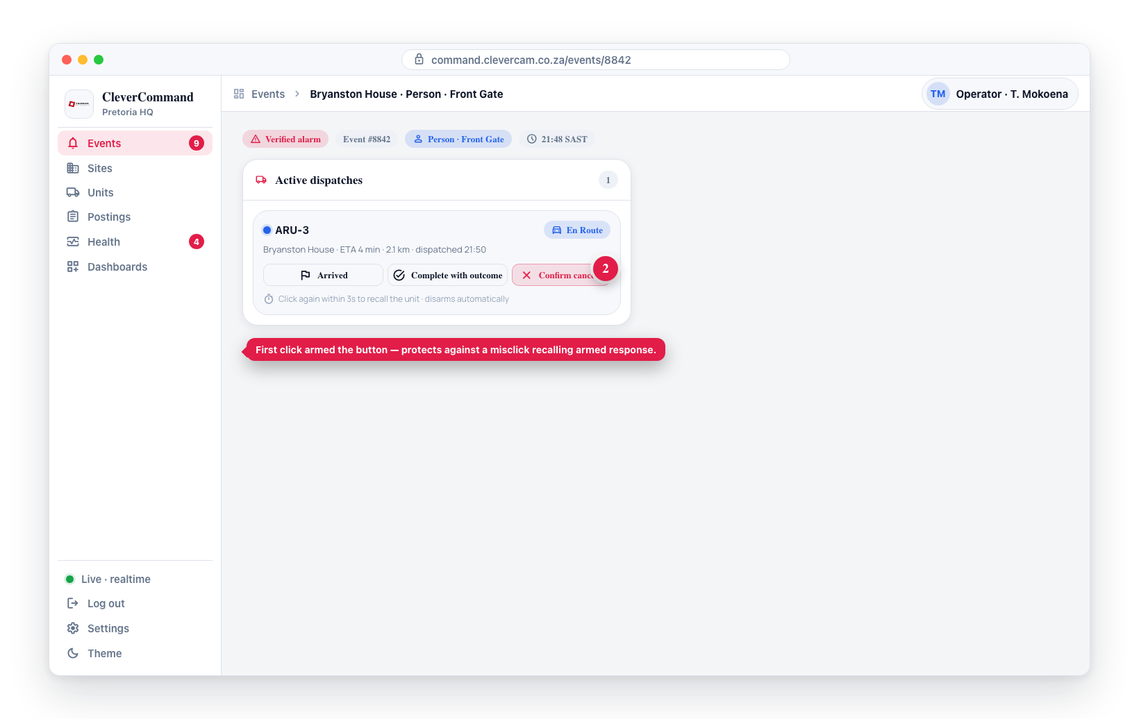 Cancel arms into a red Confirm cancel? button — a second click within 3 seconds recalls the unit