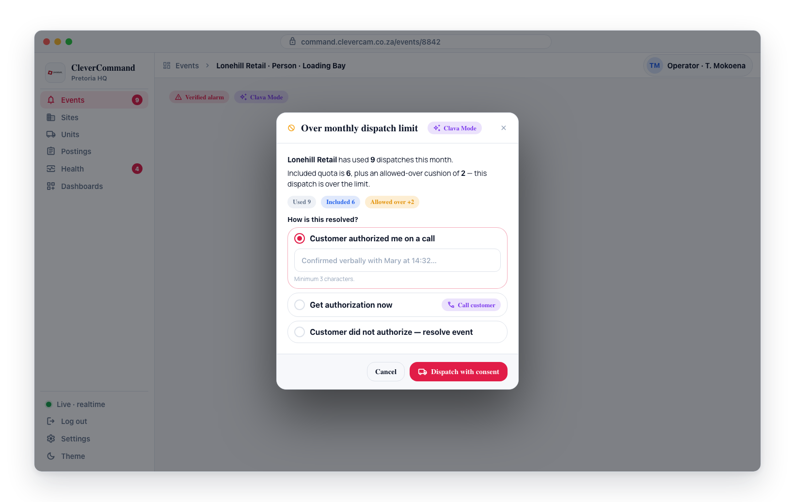 Over-limit consent modal: usage vs quota, then three radio paths — attest, call for authorization now, or resolve without dispatching