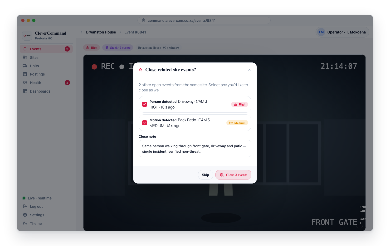The bulk close prompt lists the other open events from the same site — tick the ones to close and add a shared close note.