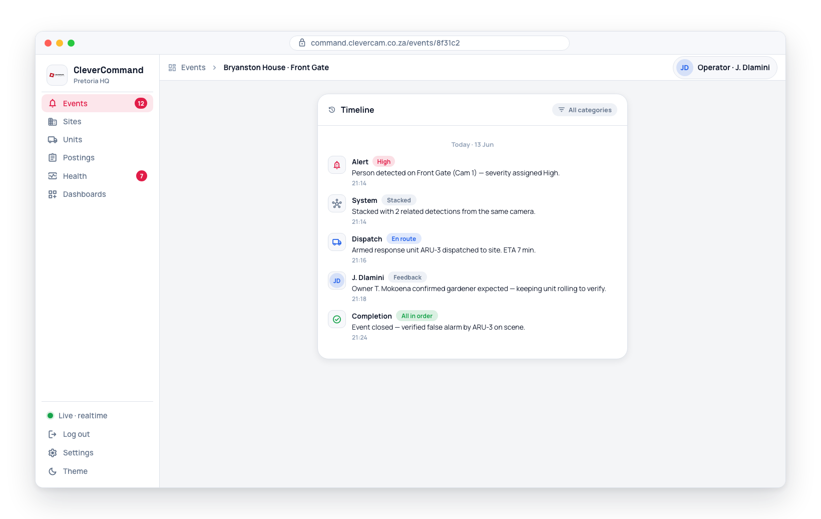 One entry of each category -- alert, system, dispatch, feedback, and completion -- each with its own icon.