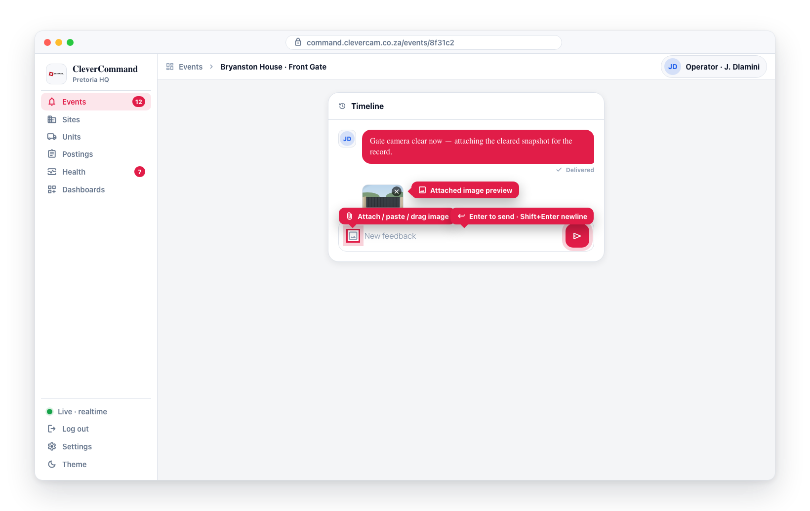 The pinned composer with an attached-image preview, attach button, and send -- Enter sends, Shift+Enter adds a newline.