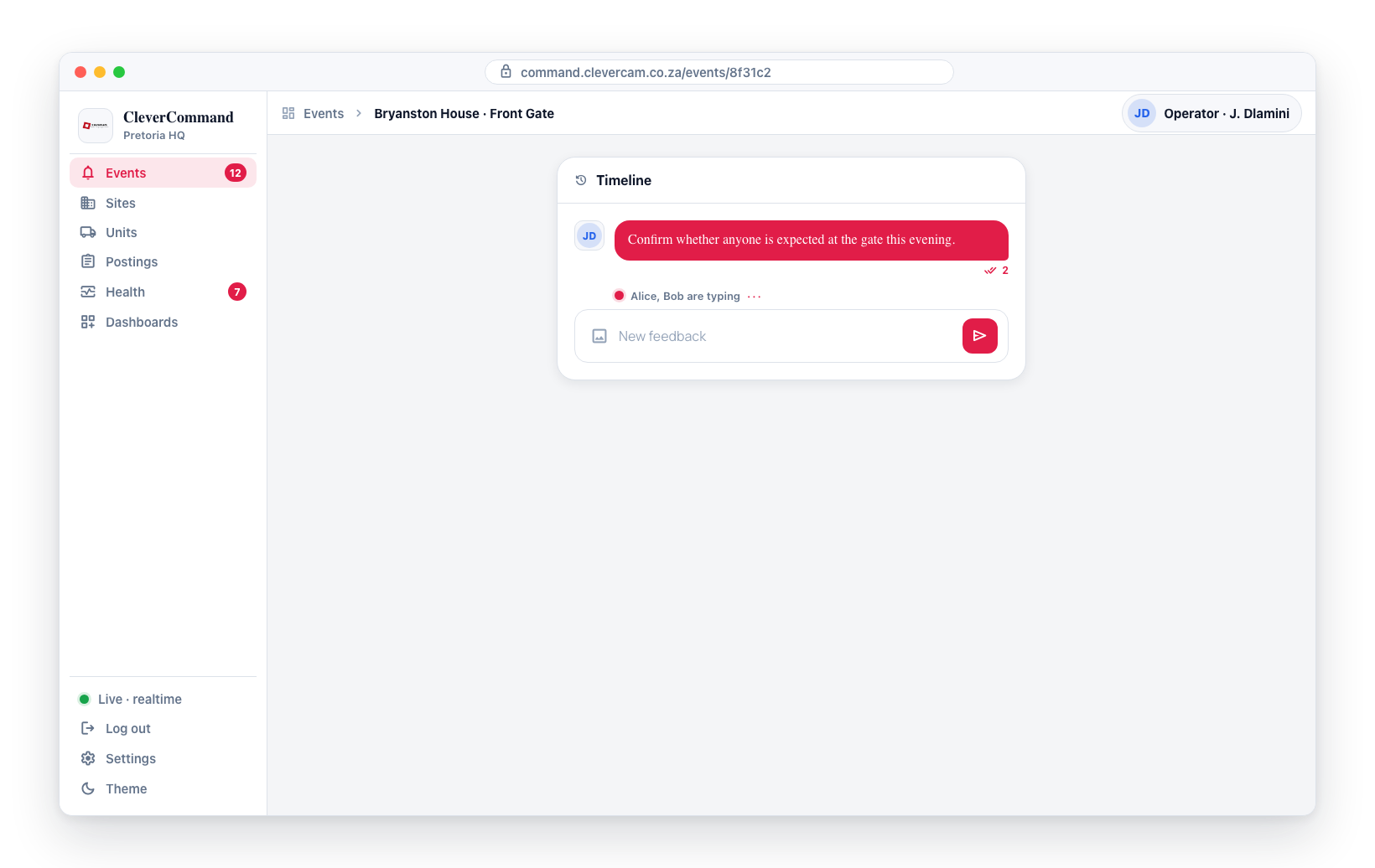 Multiple site users typing at once shown as a ghost bubble above the composer.