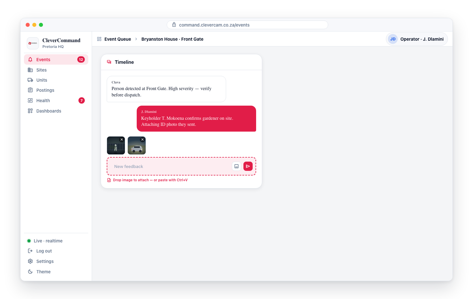 Attaching evidence to the event timeline: dropped or pasted images appear as previews above the feedback composer before sending.
