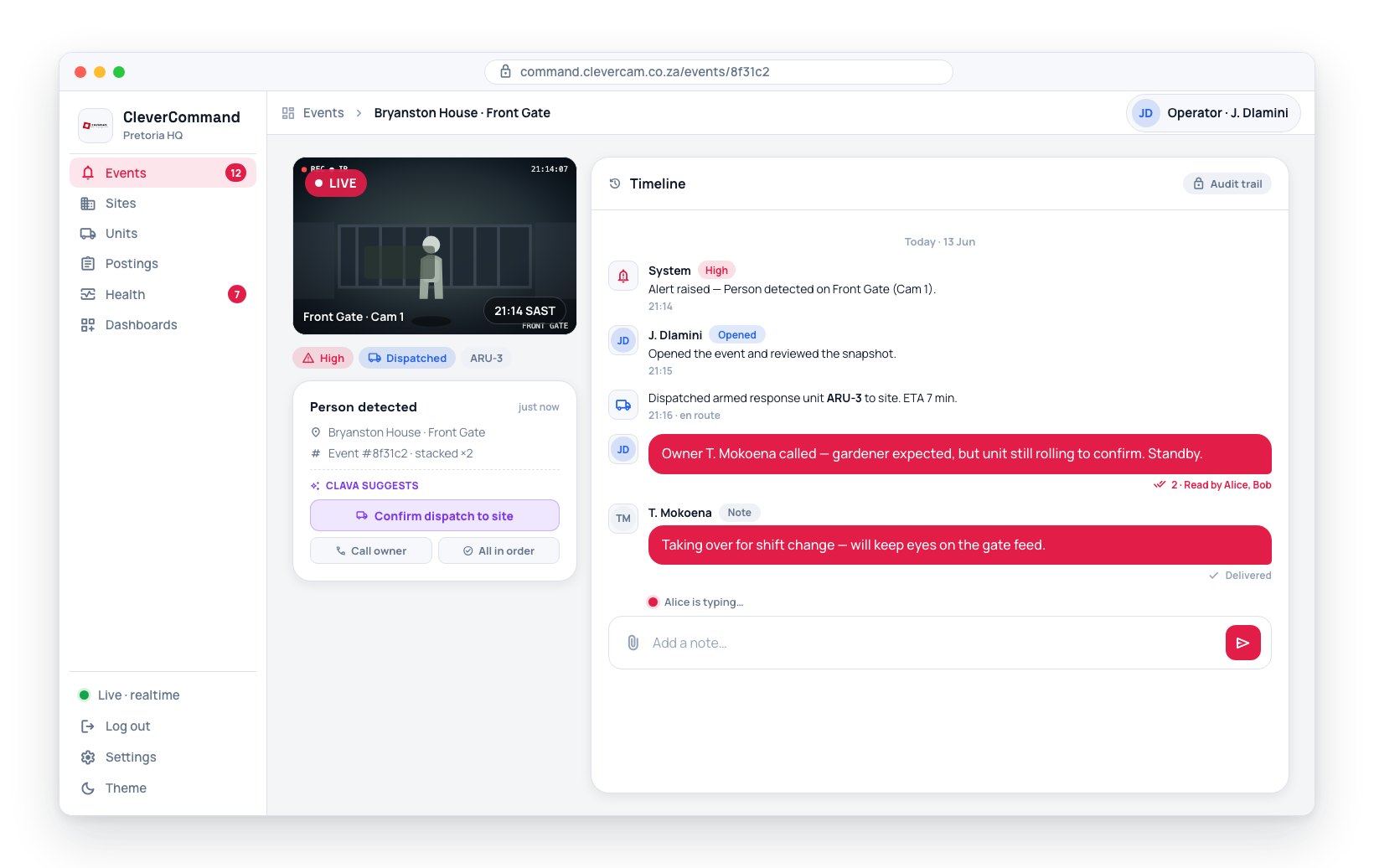 Manual events follow the same lifecycle — every claim, note, dispatch and resolution is recorded in the audit trail.