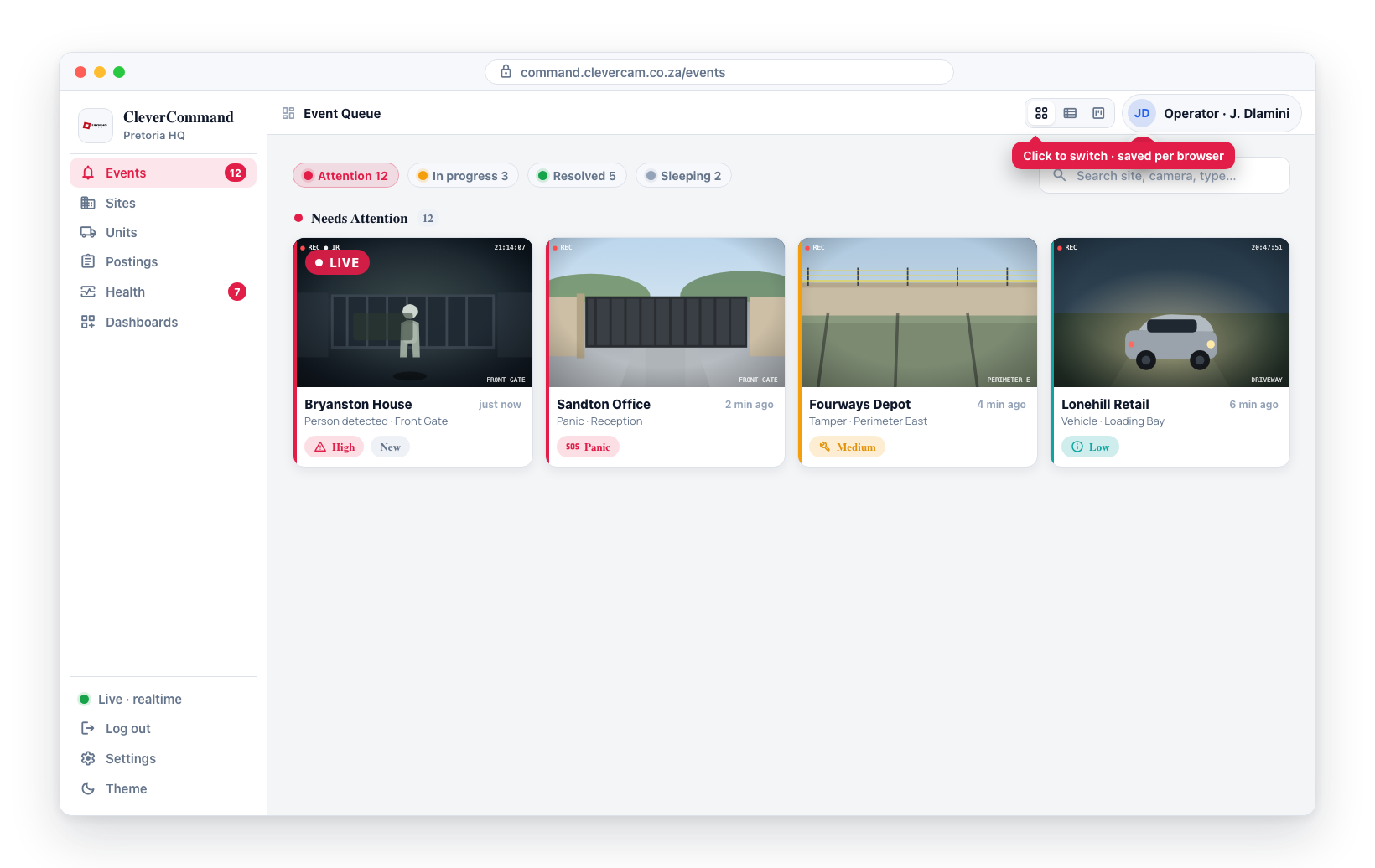 The Cards · Table · Advance segmented control in the top-right of the queue header — your choice is saved per browser.
