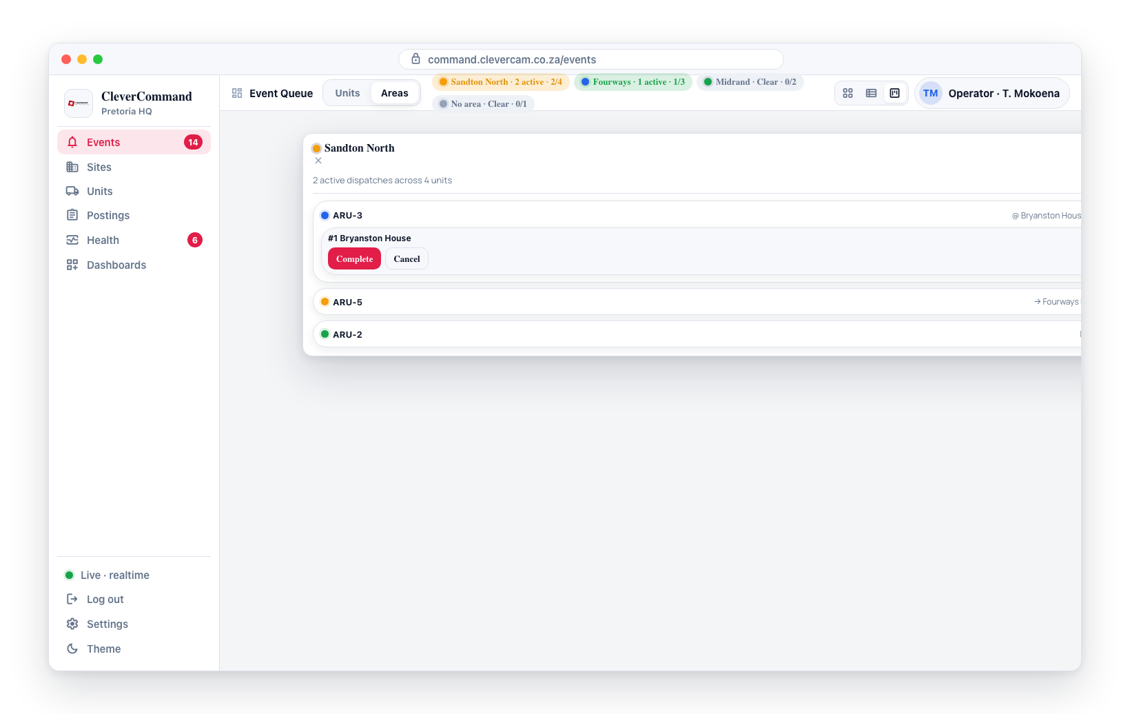 Areas mode: one pill per area with an active/total ratio badge. Opening an area lists every on-shift unit with its own status, queue and inline site actions