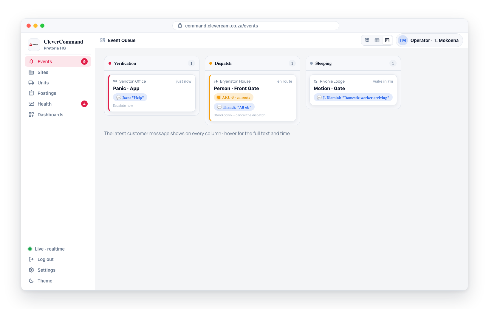 The blue 💬 customer-message chip appears on cards in every column — it can change the verdict at any stage of the workflow