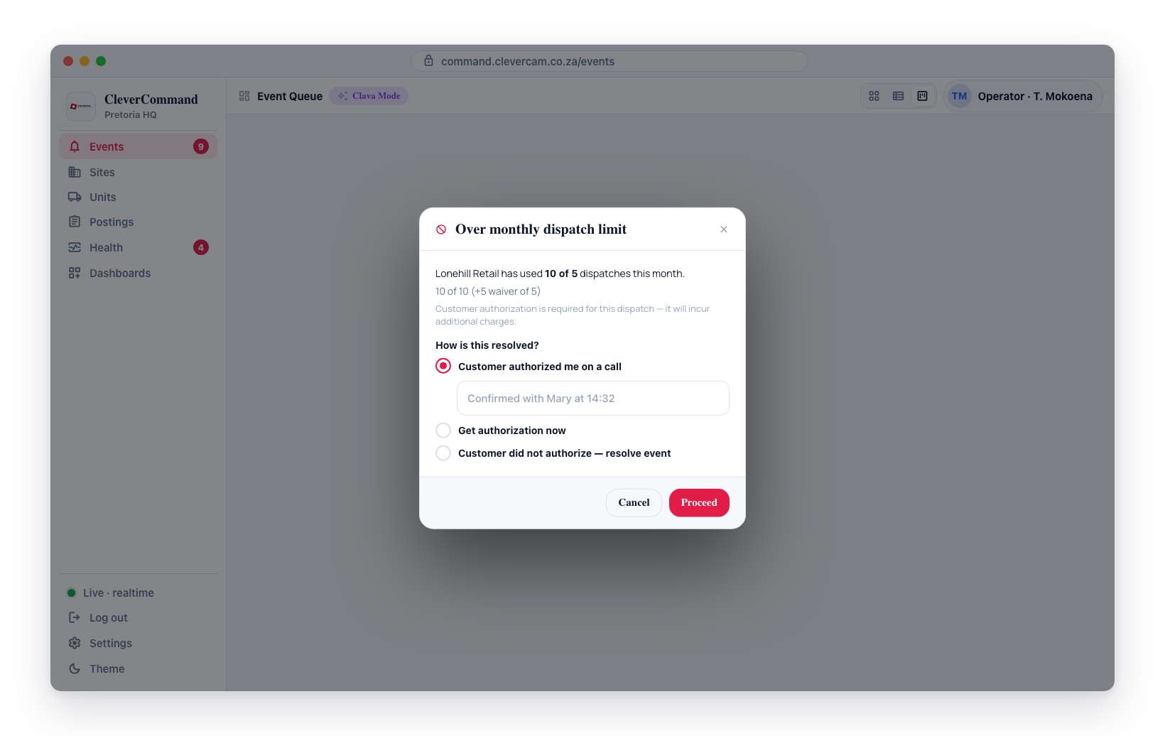 The Over-limit dispatch consent modal: the operator must attest the customer authorized on a call, get authorization now, or resolve the event without dispatching before Proceed is enabled