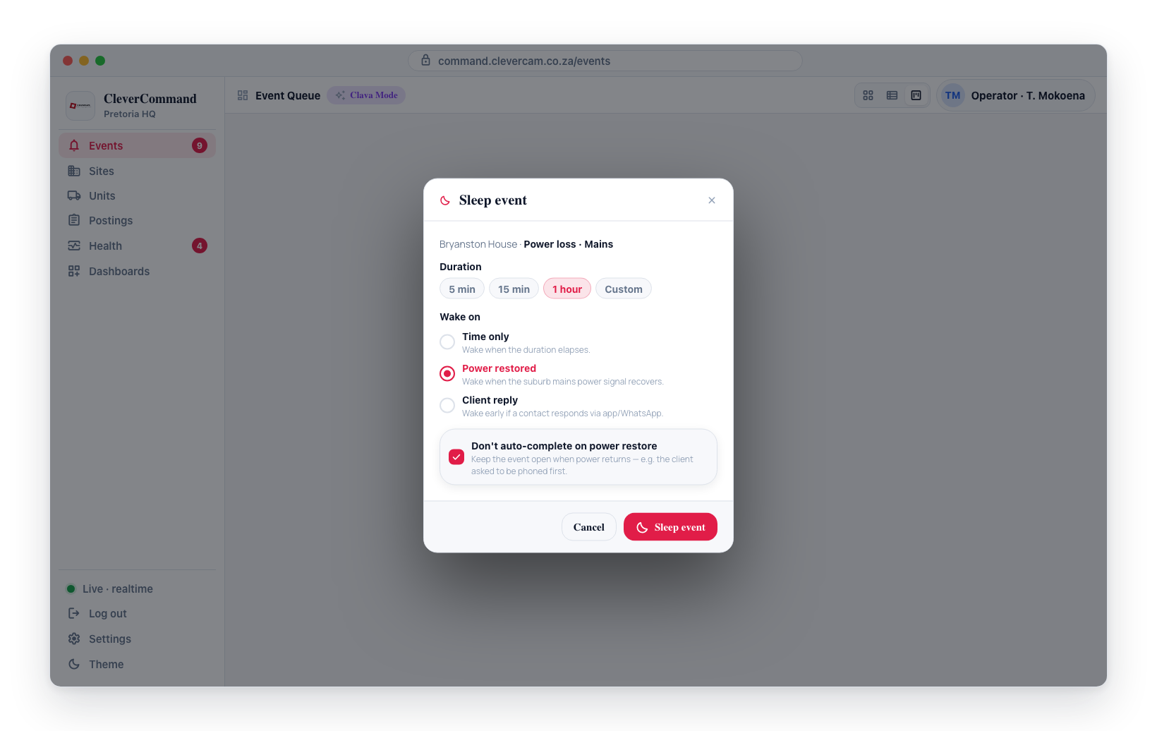 Sleeping a power event with the Power restored wake option — the sleep popover offers a Don't auto-complete on power restore checkbox to keep the event open when power returns