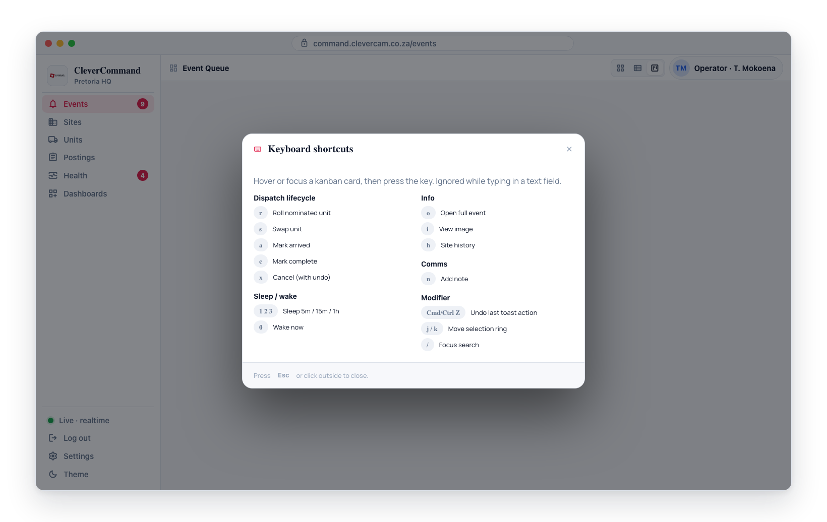 Holding Shift reveals the keys the selected card accepts; pressing ? opens the full cheat-sheet grouped by lifecycle, dispatch, info and comms