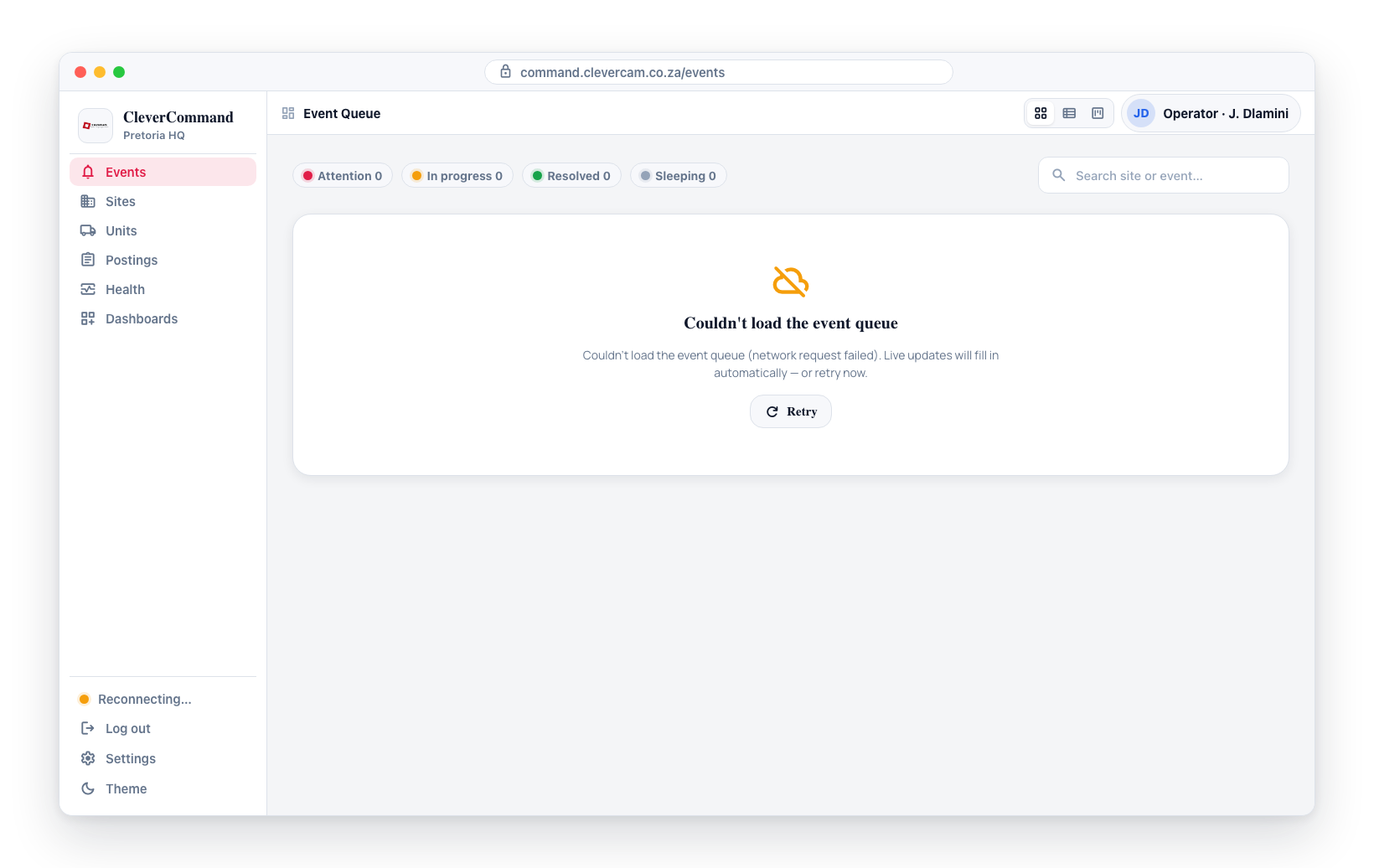 The queue-failed-to-load state: a 'Couldn't load the event queue' message with an inline Retry button. Realtime events still fill the queue in automatically.