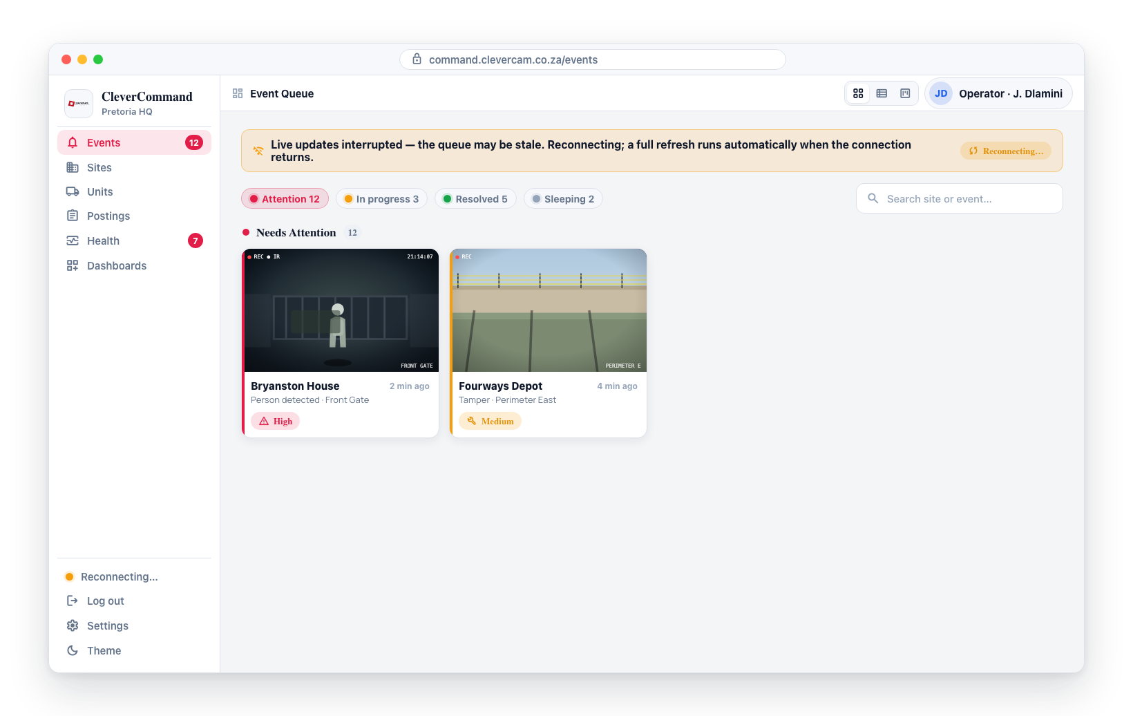 The amber 'Live updates interrupted' banner above the queue, with the sidebar status pill switched to Reconnecting. The visible queue may be stale until the connection returns.