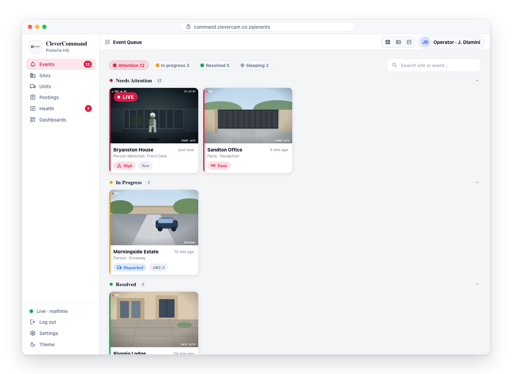 The four status sections stacked in Cards view — Needs Attention, In Progress, Resolved, and the collapsed Sleeping section. Each header shows its event count and a collapse chevron.