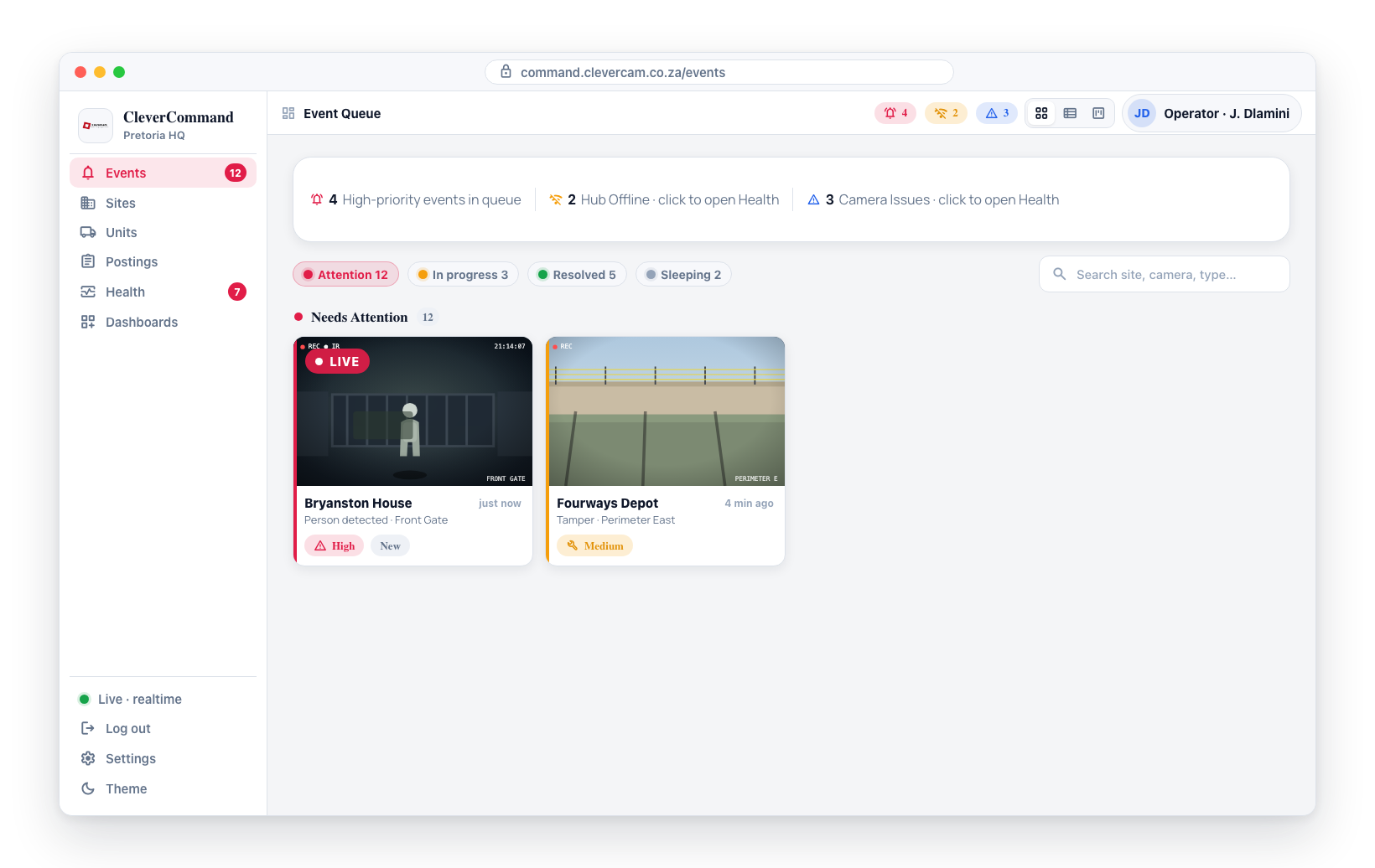 The health monitoring panel sits in the Event Queue top bar — a high-priority bell, a Hub Offline badge, and a Camera Issues badge, all updating alongside the queue.