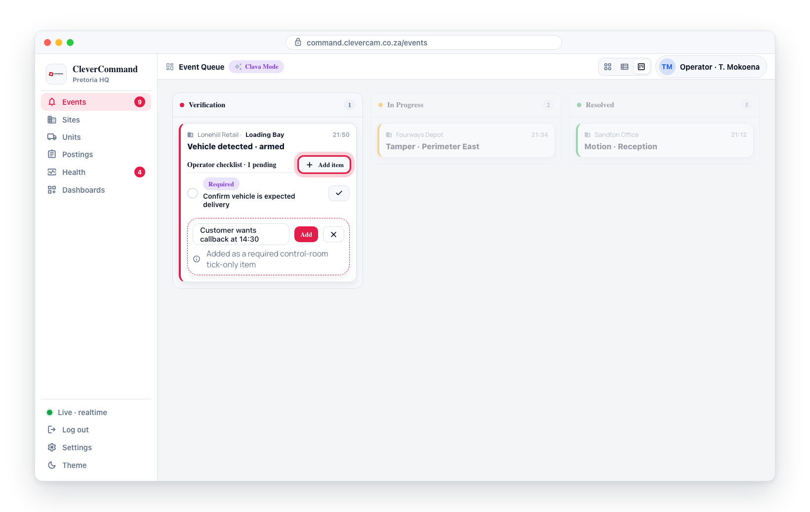 The + Add item composer opens inline on the card; the typed row is added as a required control-room tick-only item.
