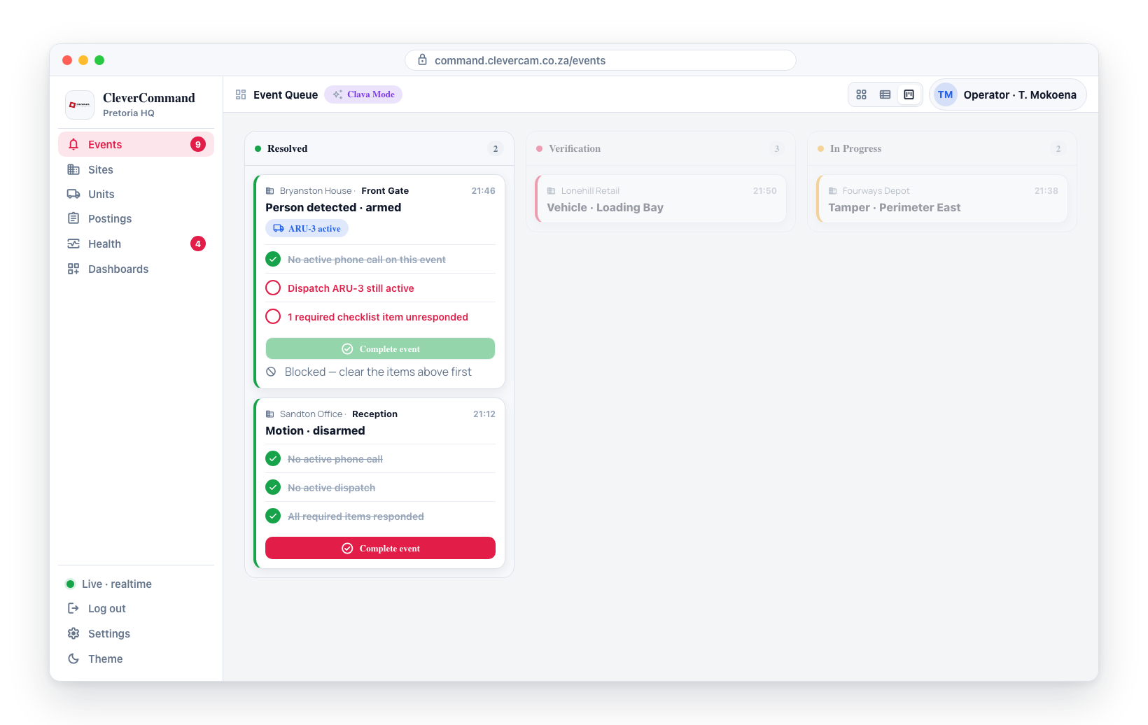 On the Resolved column, Complete event stays disabled while a dispatch is active or a required item is unresponded, and enables once all three conditions clear.