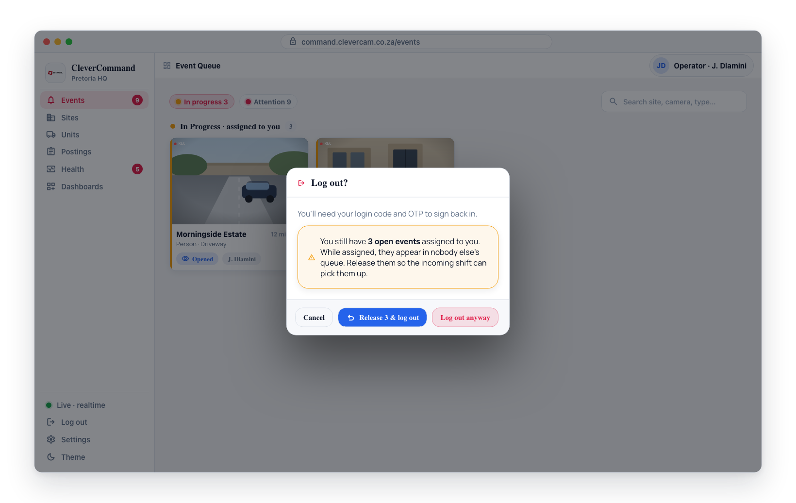 The logout dialog warns about open events and offers Release & log out for a clean shift handover.
