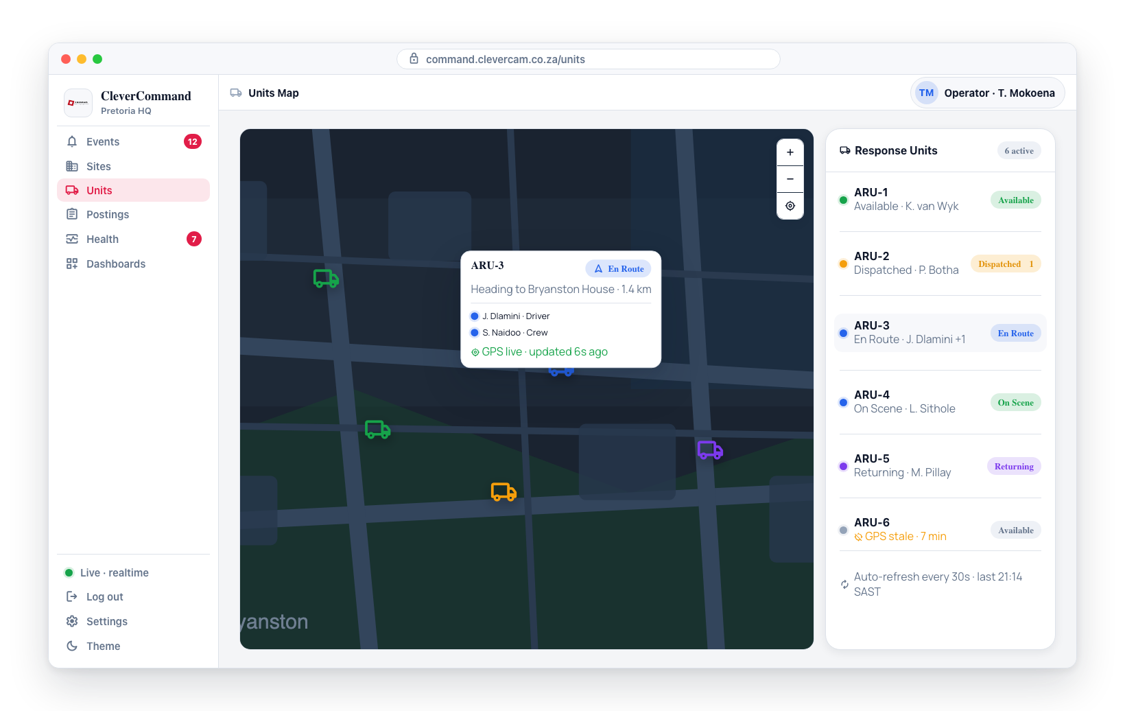 Live GPS tracking of response units.