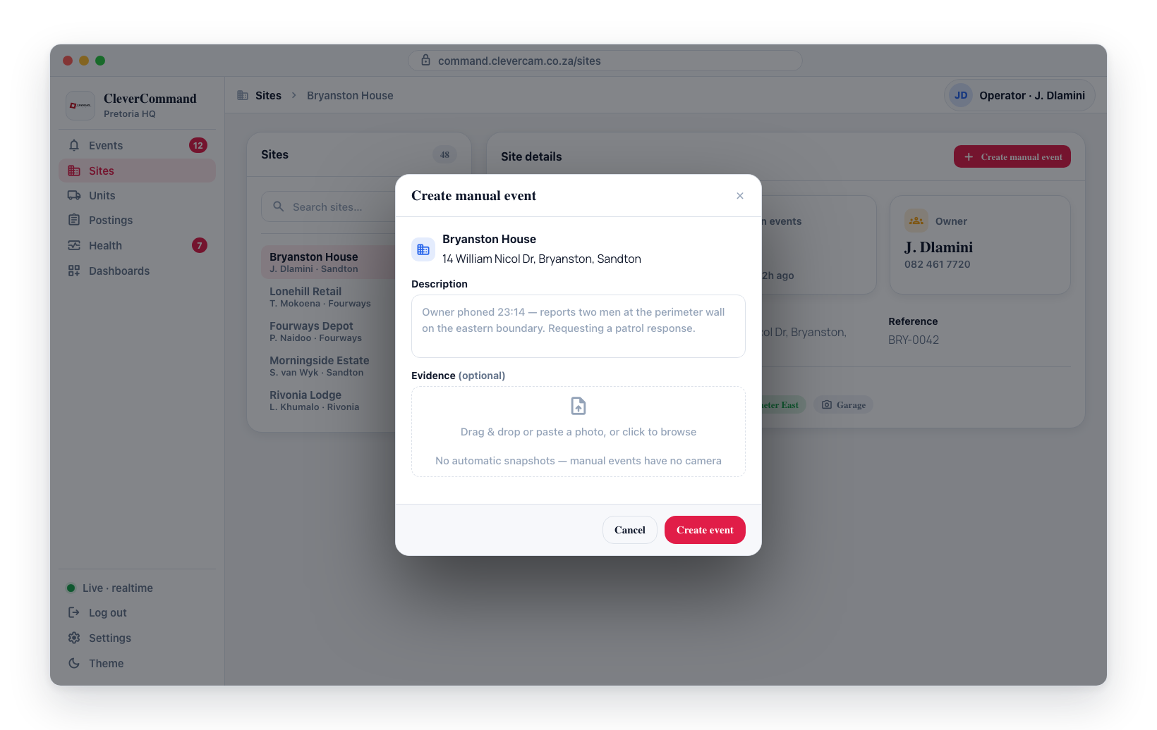 Create a manual event for the site first, then dispatch from it.