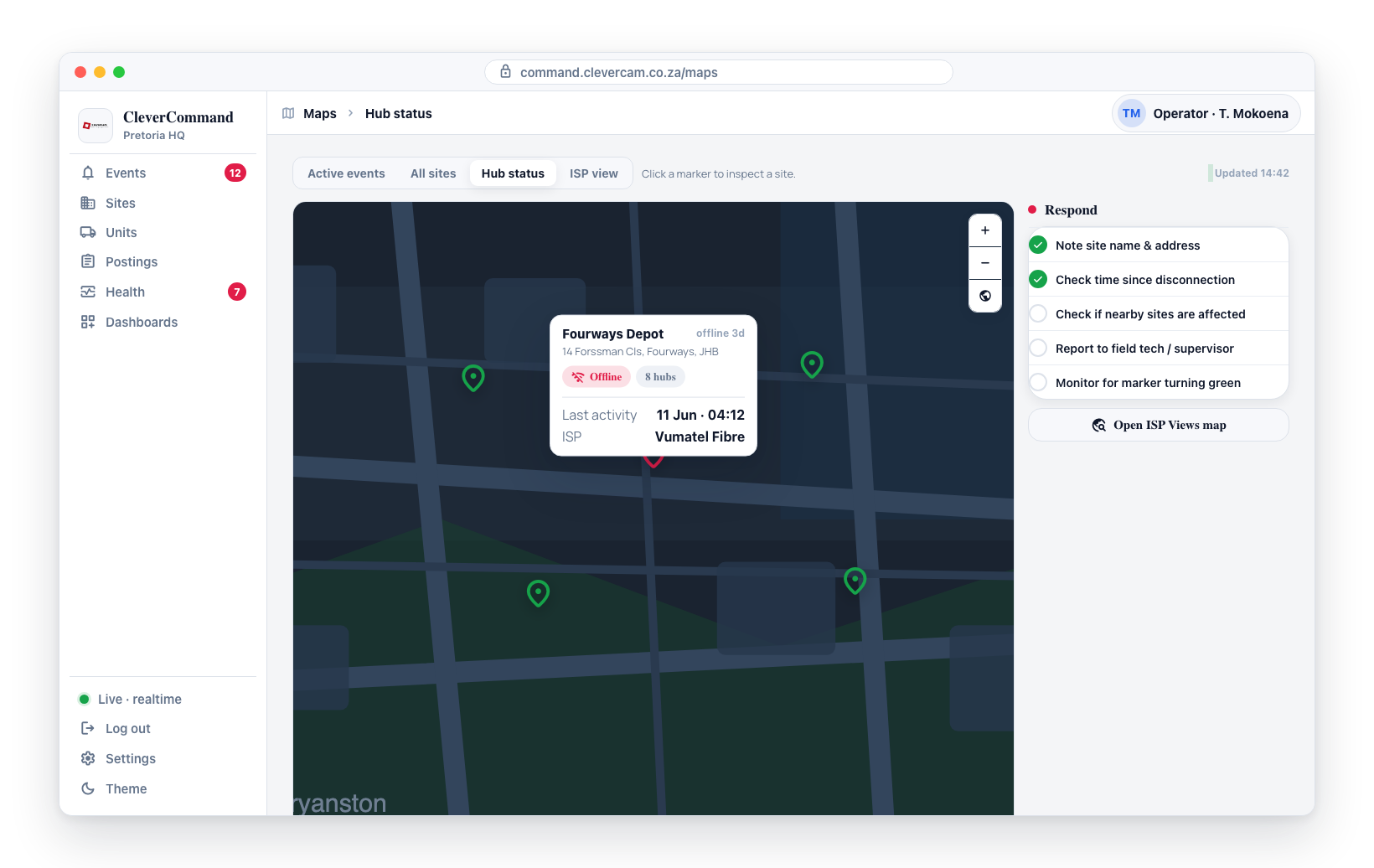Clicking a red marker opens a popup with the site name, address, last activity and time offline.