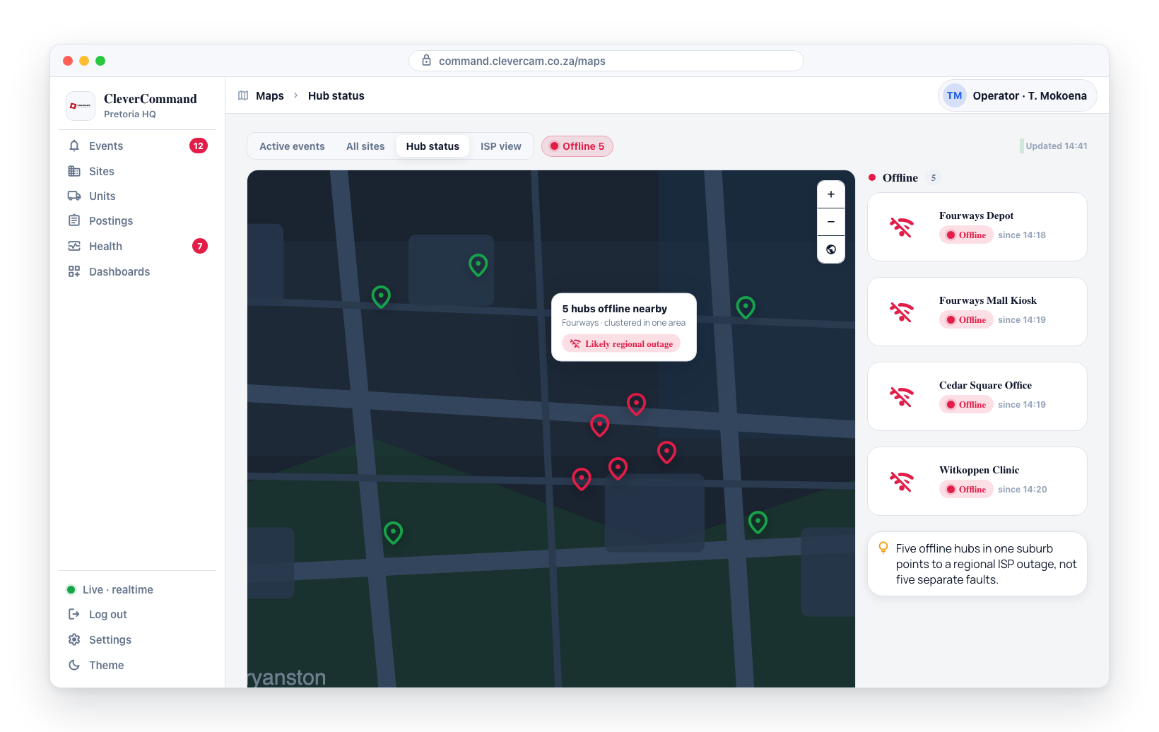 A tight cluster of red markers in one suburb points to a regional ISP outage rather than isolated faults.
