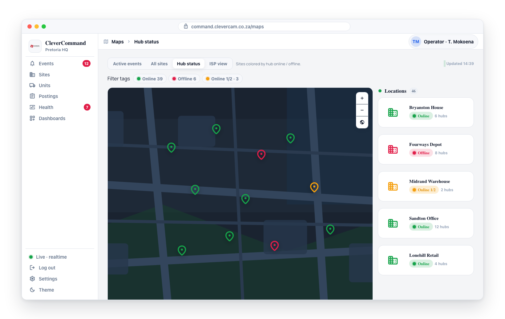 The Hub Status view: every site colored by its hub connectivity, with a matching locations list.