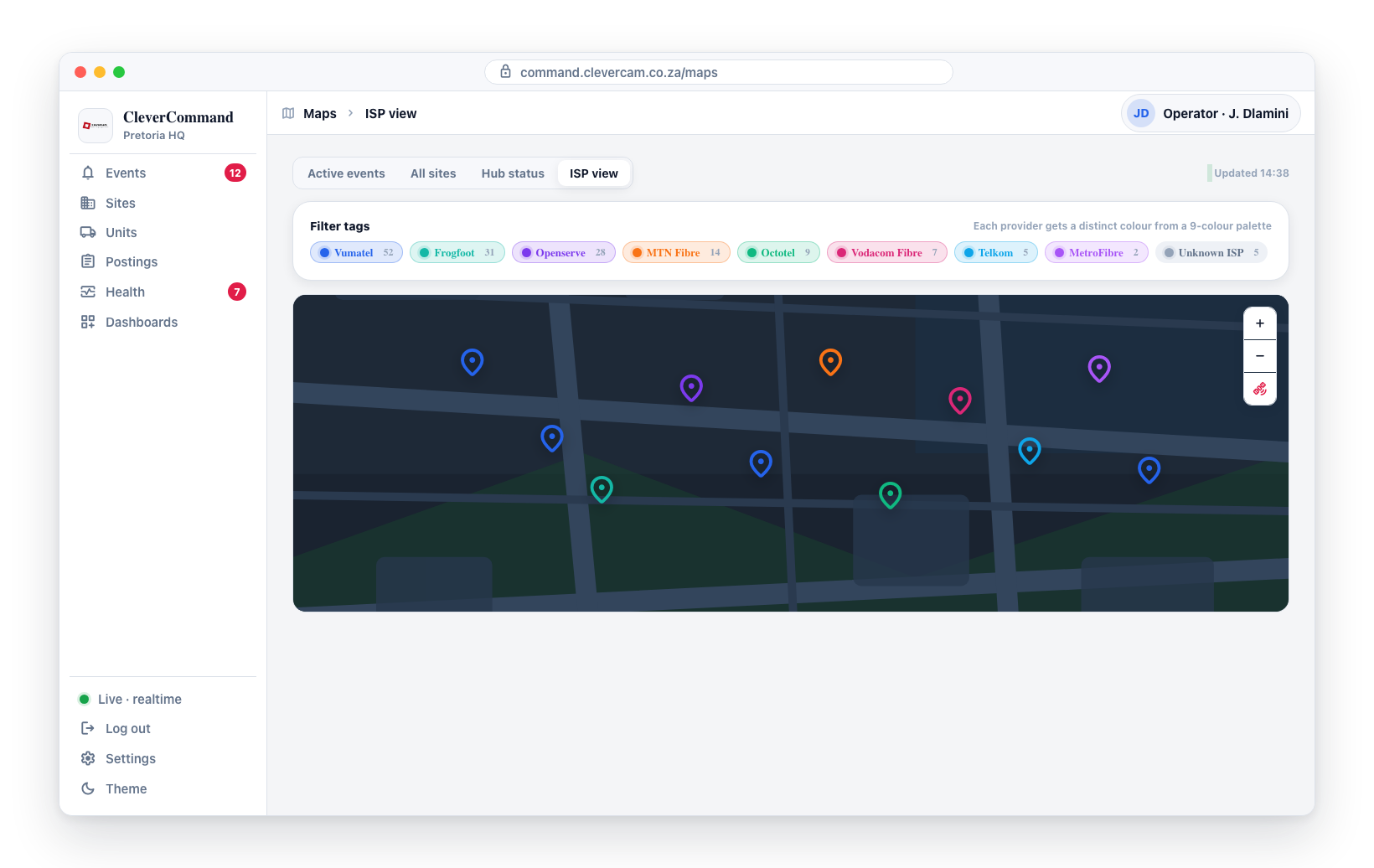 Each provider is assigned a distinct color from the 9-color palette. The Filter tags row doubles as the color key, listing every provider and how many sites use it.