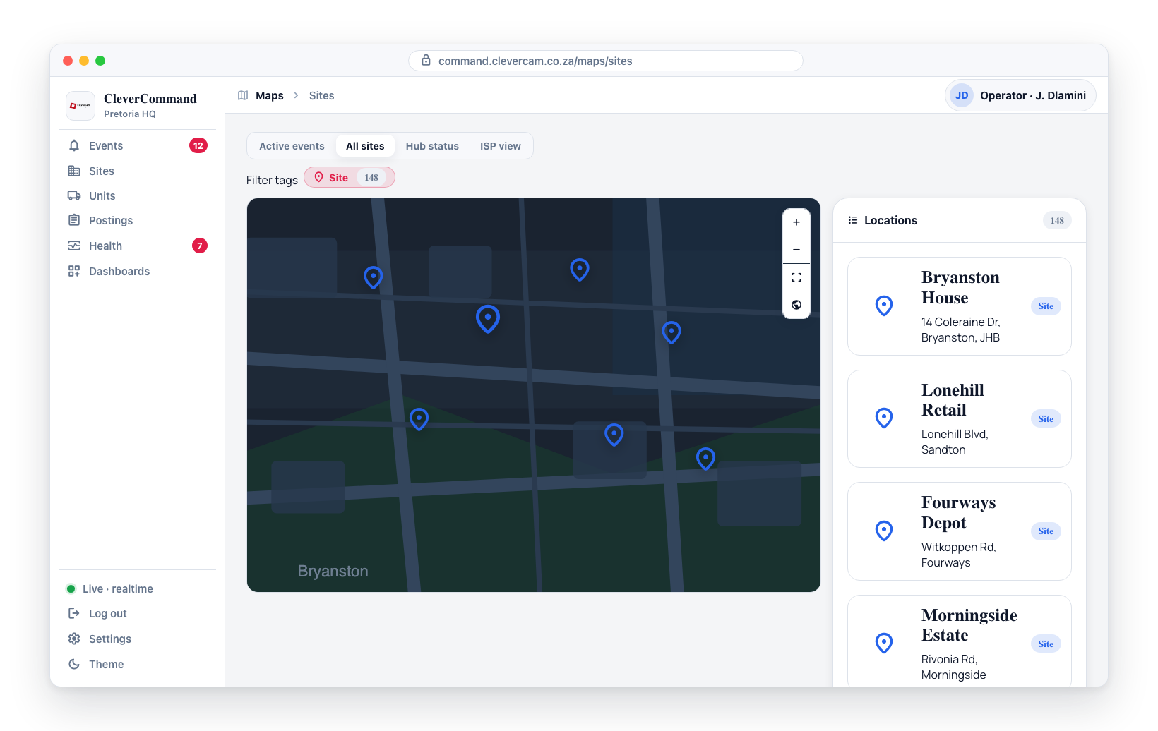The Locations list and tag filters narrow the sites; clicking a card flies the map to that site.