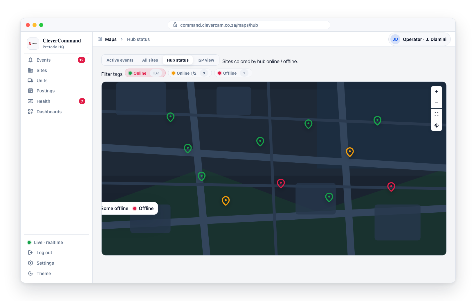 The view toggle switches between Active events, All sites, Hub status and ISP view — here Hub status colors each site by connectivity.