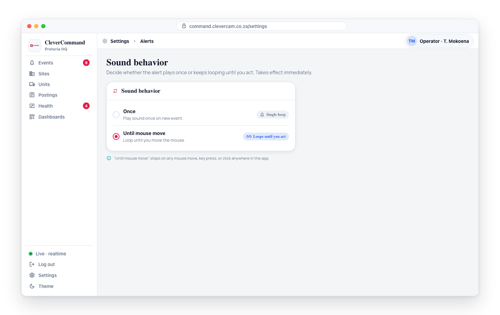 Sound behavior: Once plays a single beep, while Until mouse move keeps looping until you move the mouse, press a key, or click anywhere in the app.