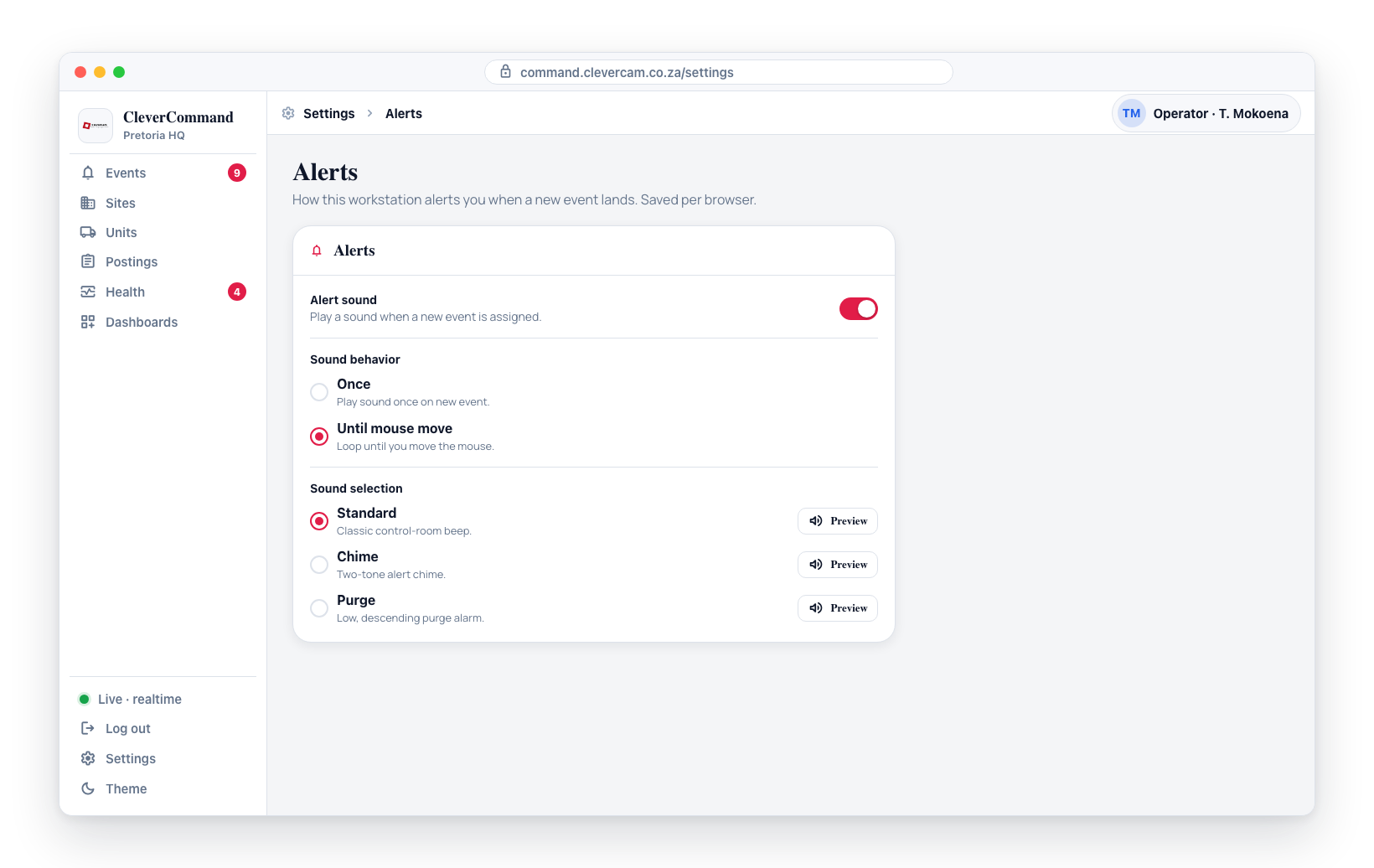 The Alerts panel on the Settings page: the Alert sound toggle, the Sound behavior radios, and the Sound selection list with per-sound Preview buttons.
