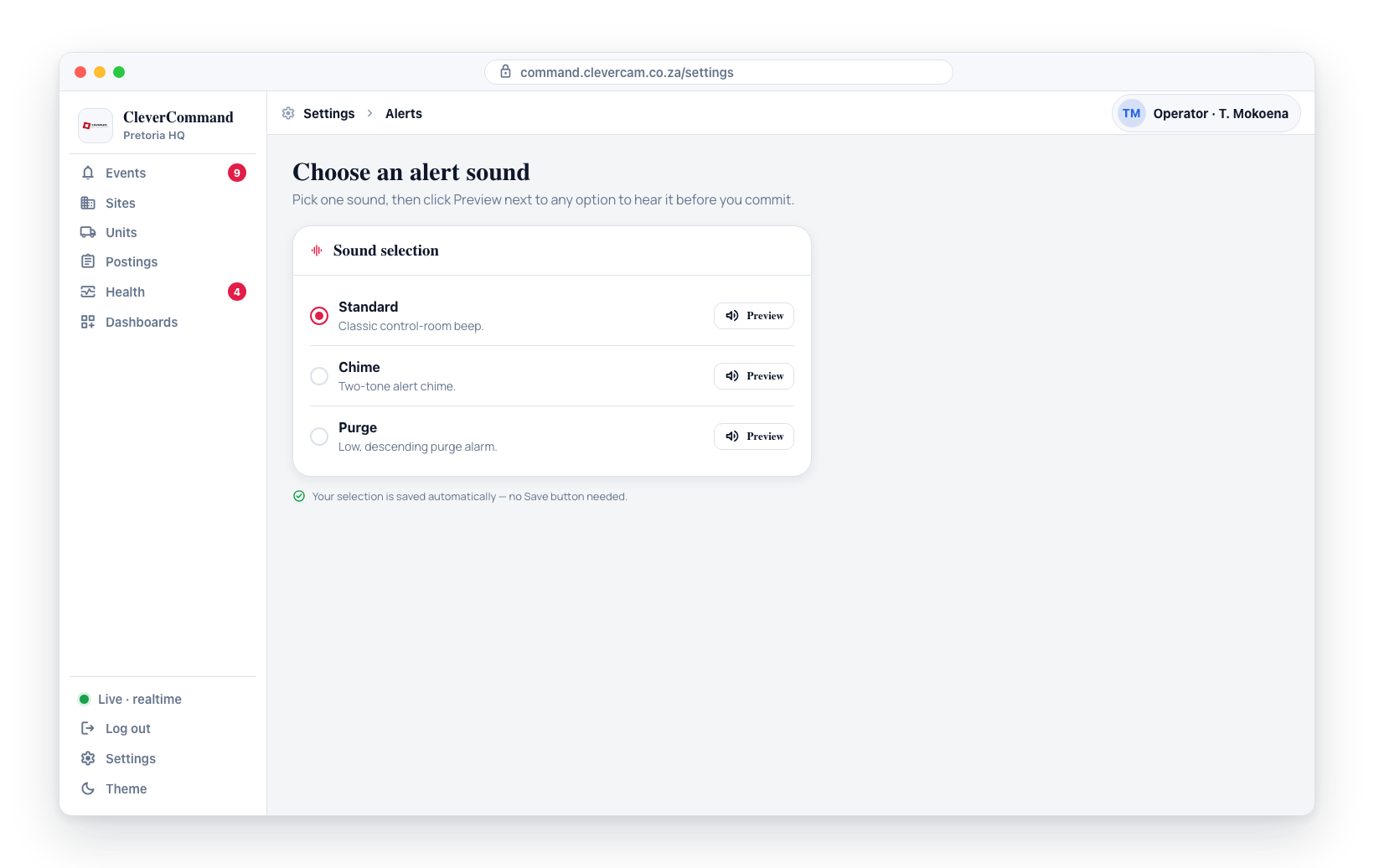 Sound selection: pick Standard, Chime, or Purge, and click Preview next to any option to audition it. The choice saves automatically.
