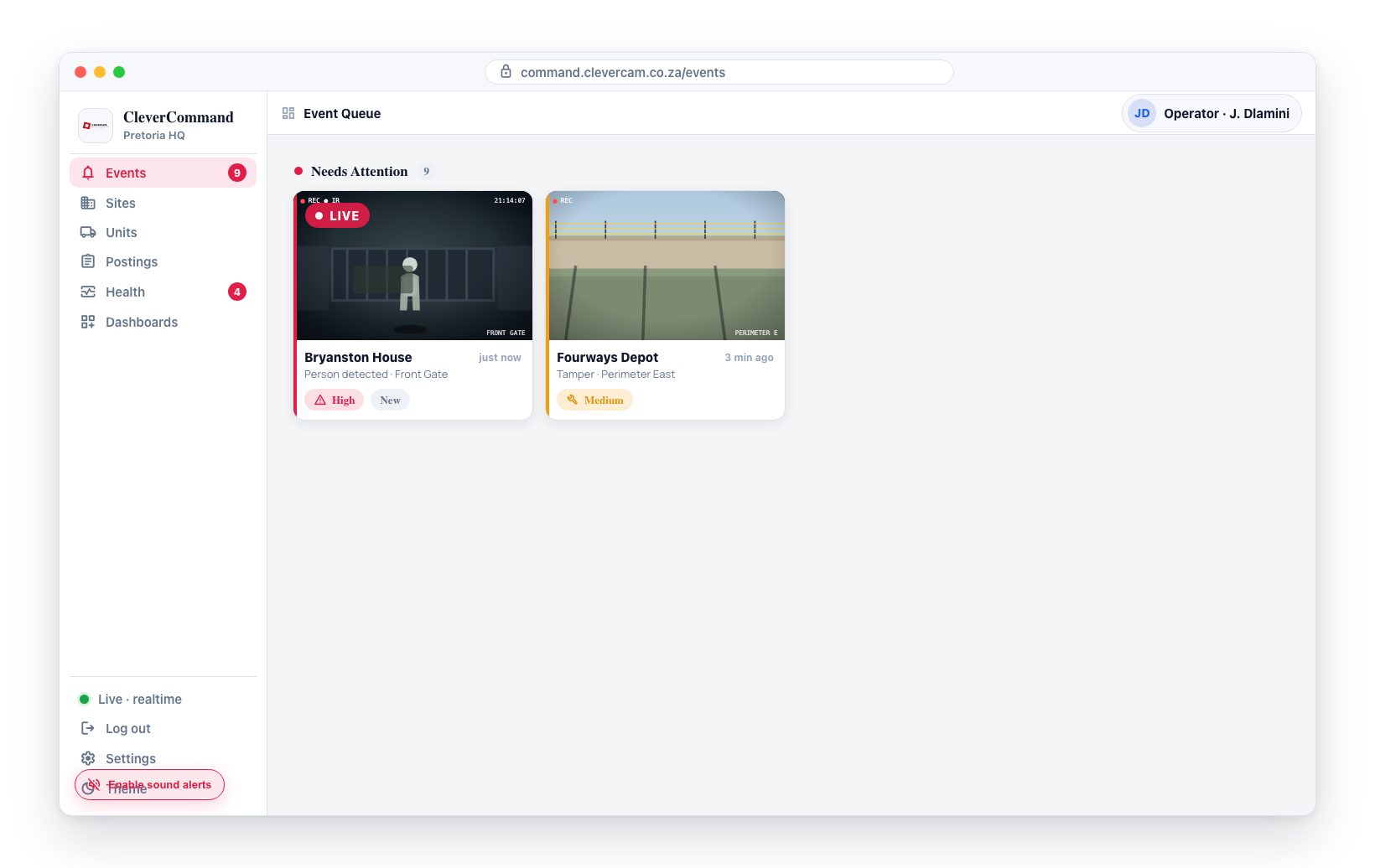 The red 🔇 Enable sound alerts chip pinned to the bottom-left corner of the dashboard. Click it once to unlock audio and grant notification permission; any click or keypress also clears it.