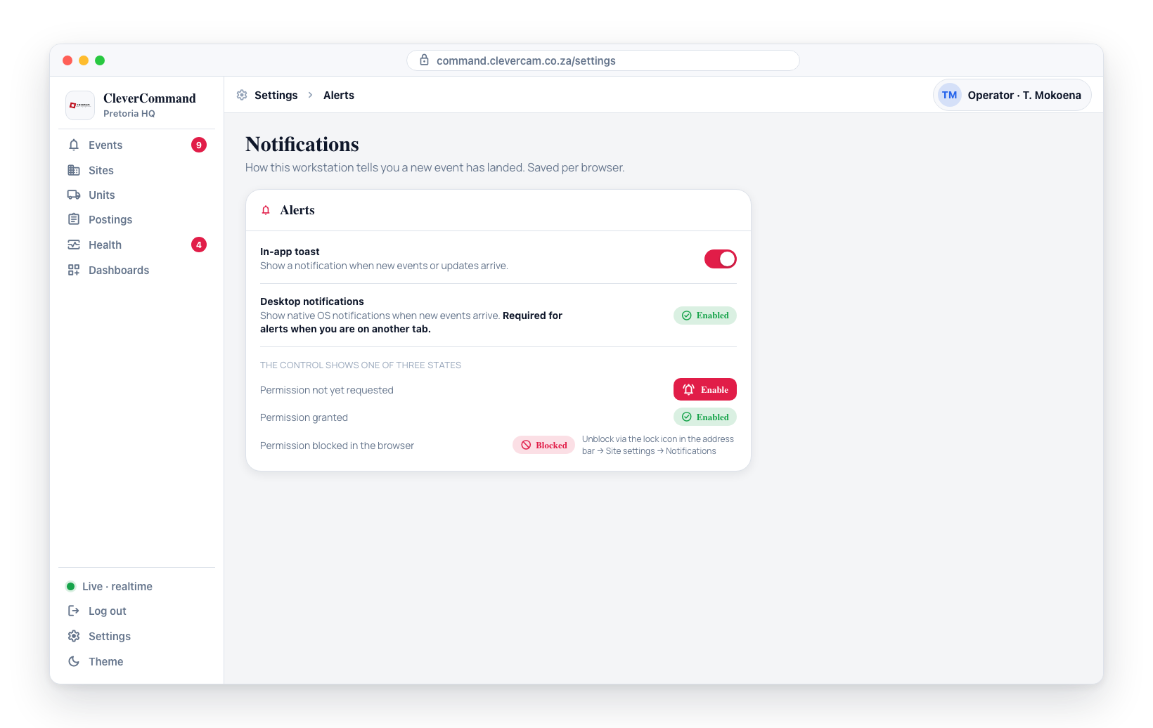 Settings → Alerts: the Desktop notifications control shows one of three states — Enable button, Enabled badge, or Blocked badge.