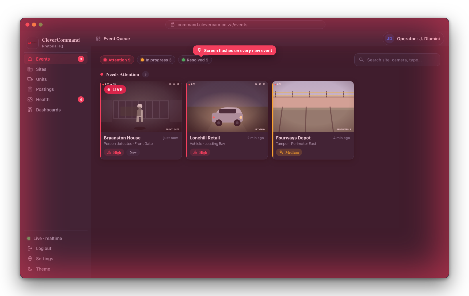 A red screen flash pulses across the event queue the moment a new event lands.